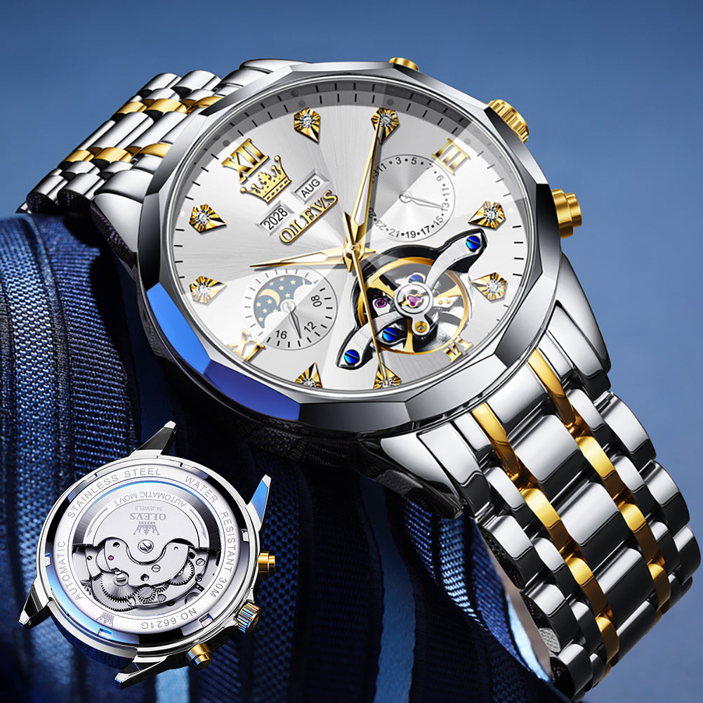 OLEVS 6621Automatic Watches for Men Luxury Dress Waterproof Self Winding Mechanical Moon Phase Chronograph Stainless Steel Luminous Diamond Date Skeleton Tourbillon Wristwatch for Men Reloj Para Hombre