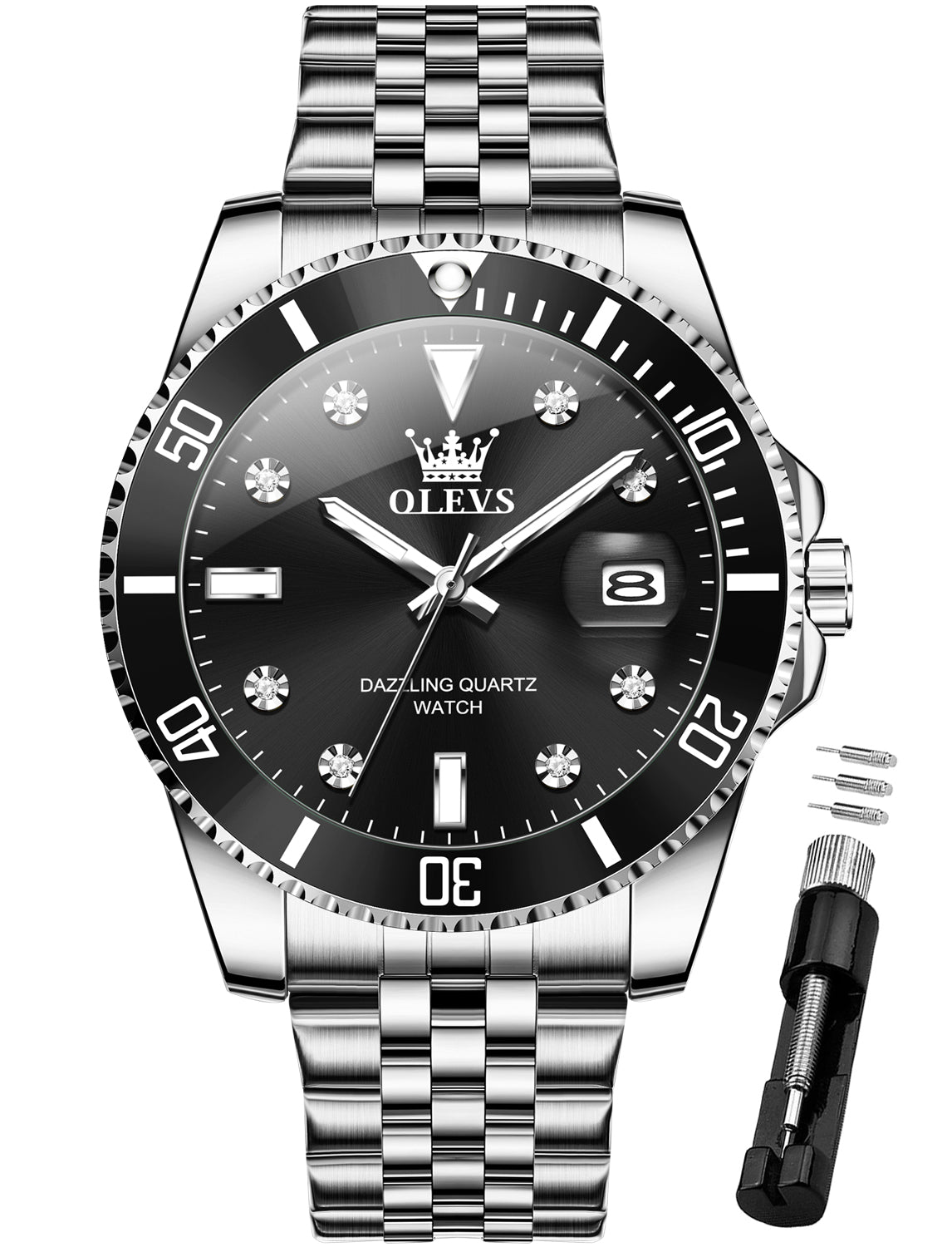 OLEVS 9809 Watch for Men Stainless Steel Business Dress Luxury Diamond Big Face Waterproof Mens Watches with Date Analog Wrist Men Watch Reloj para Hombre Gold Dial