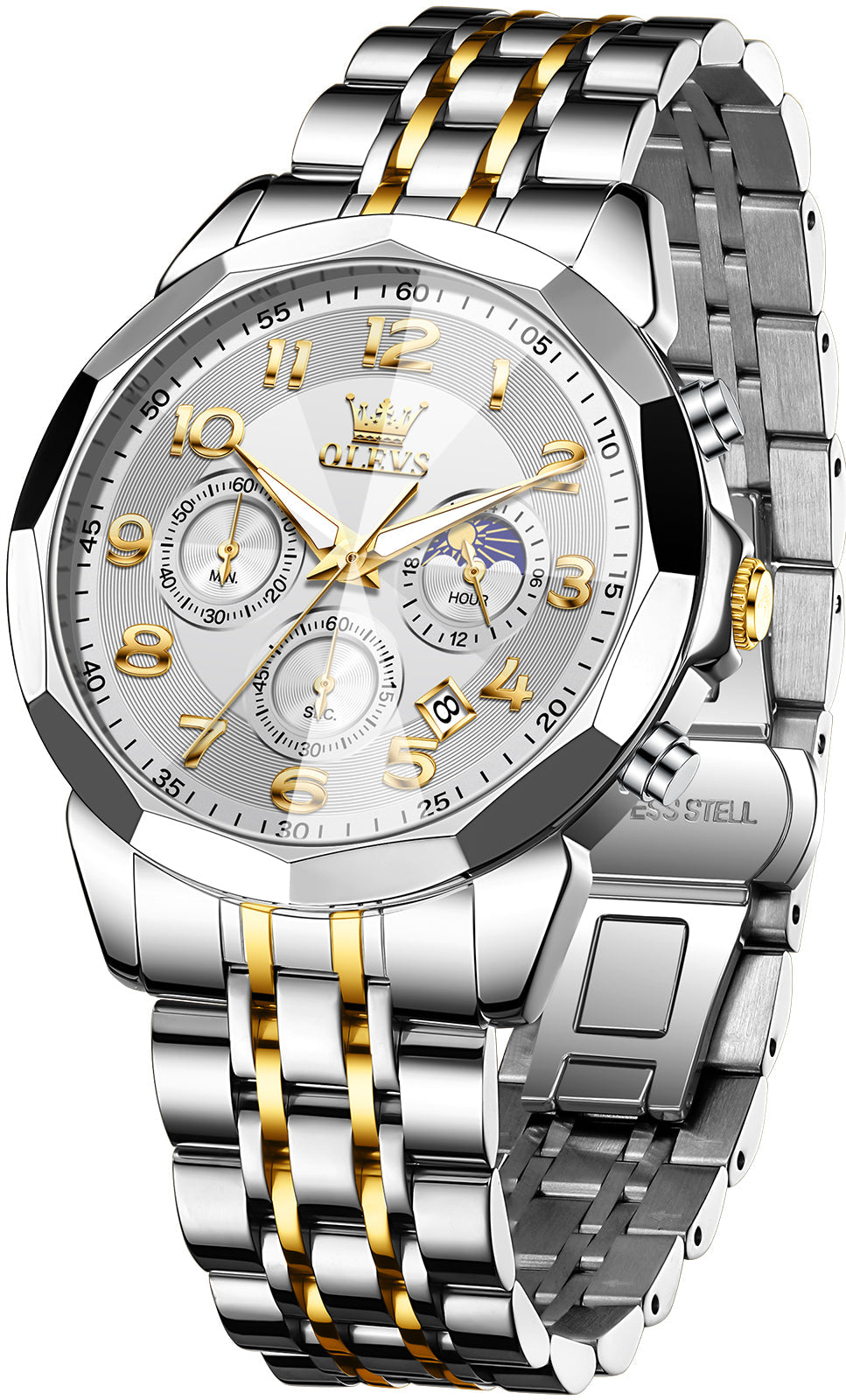 OLEVS  3676 Chronograph Watches for Men Business Dress Analog Quartz Gold Plated Stainless Steel Moon Phase Waterproof Luminous Date Luxury Mens Wrist Watches Reloj Para Hombre