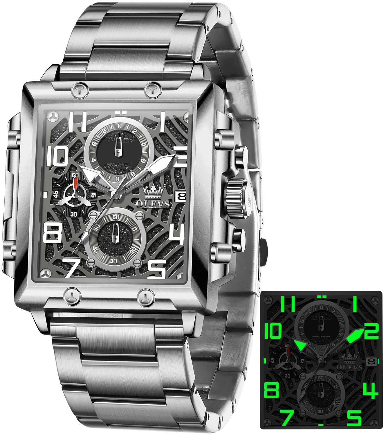 OLEVS 2958 Watches for Men Business Dress Chronograph Analog Quartz Square Dial Stainless Steel Waterproof Luminous Date Fashion Mens Wrist Watches Reloj Para Hombre