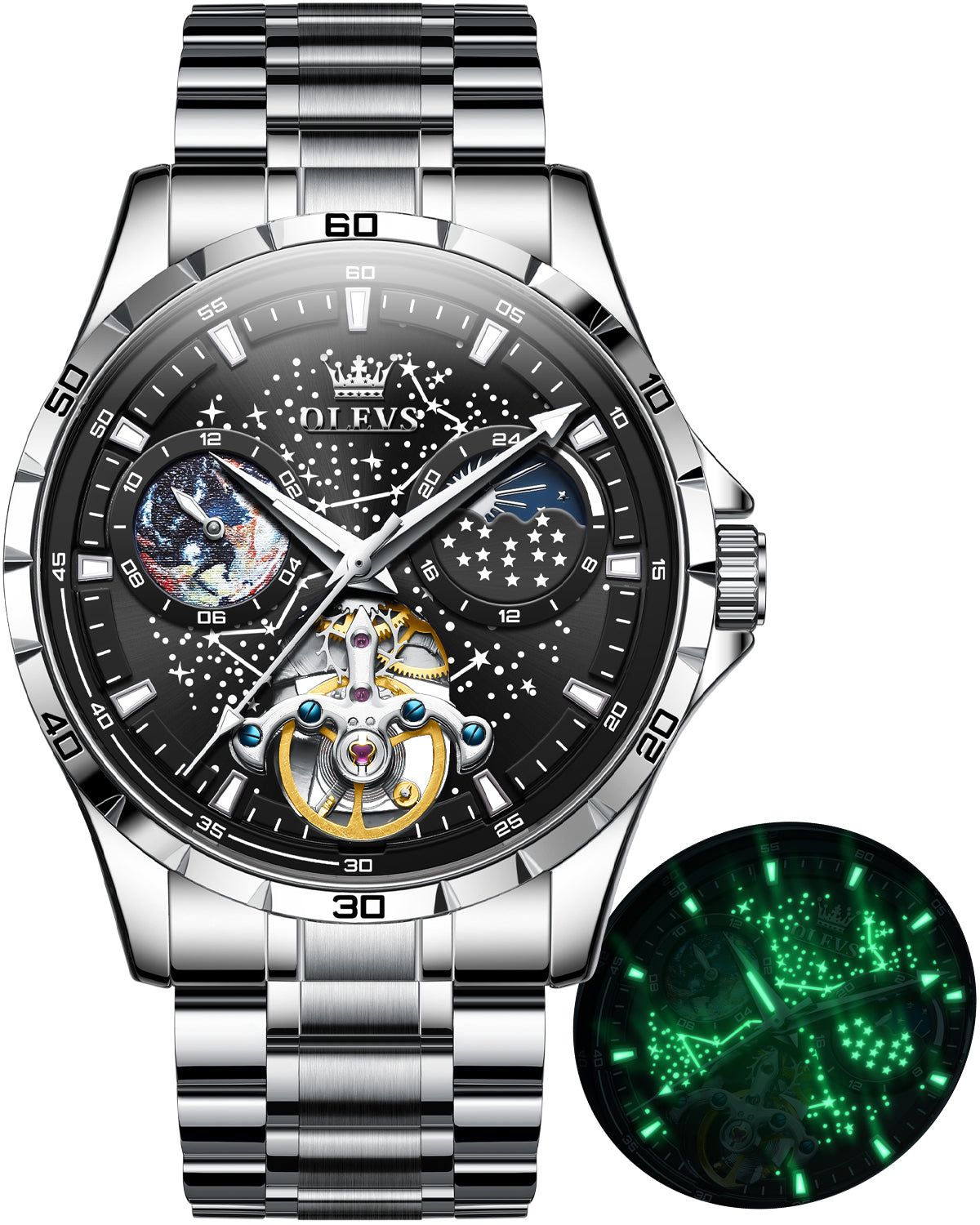 OLEVS 6689 Automatic Watches for Mens Starry Sky Skeleton Tourbillon Self Winding Mechanical Moon Phase Luminous Waterproof Luxury Dress Mens Wrist Watches Gifts Reloj Para Hombre Black/Blue/Green