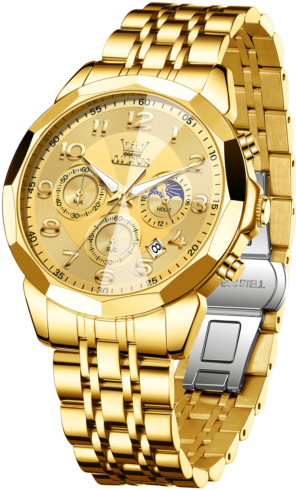 OLEVS  3676 Chronograph Watches for Men Business Dress Analog Quartz Gold Plated Stainless Steel Moon Phase Waterproof Luminous Date Luxury Mens Wrist Watches Reloj Para Hombre