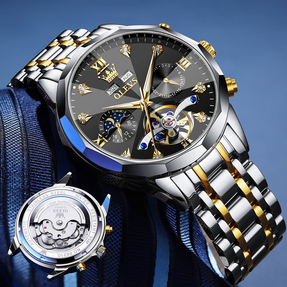 OLEVS 6621Automatic Watches for Men Luxury Dress Waterproof Self Winding Mechanical Moon Phase Chronograph Stainless Steel Luminous Diamond Date Skeleton Tourbillon Wristwatch for Men Reloj Para Hombre