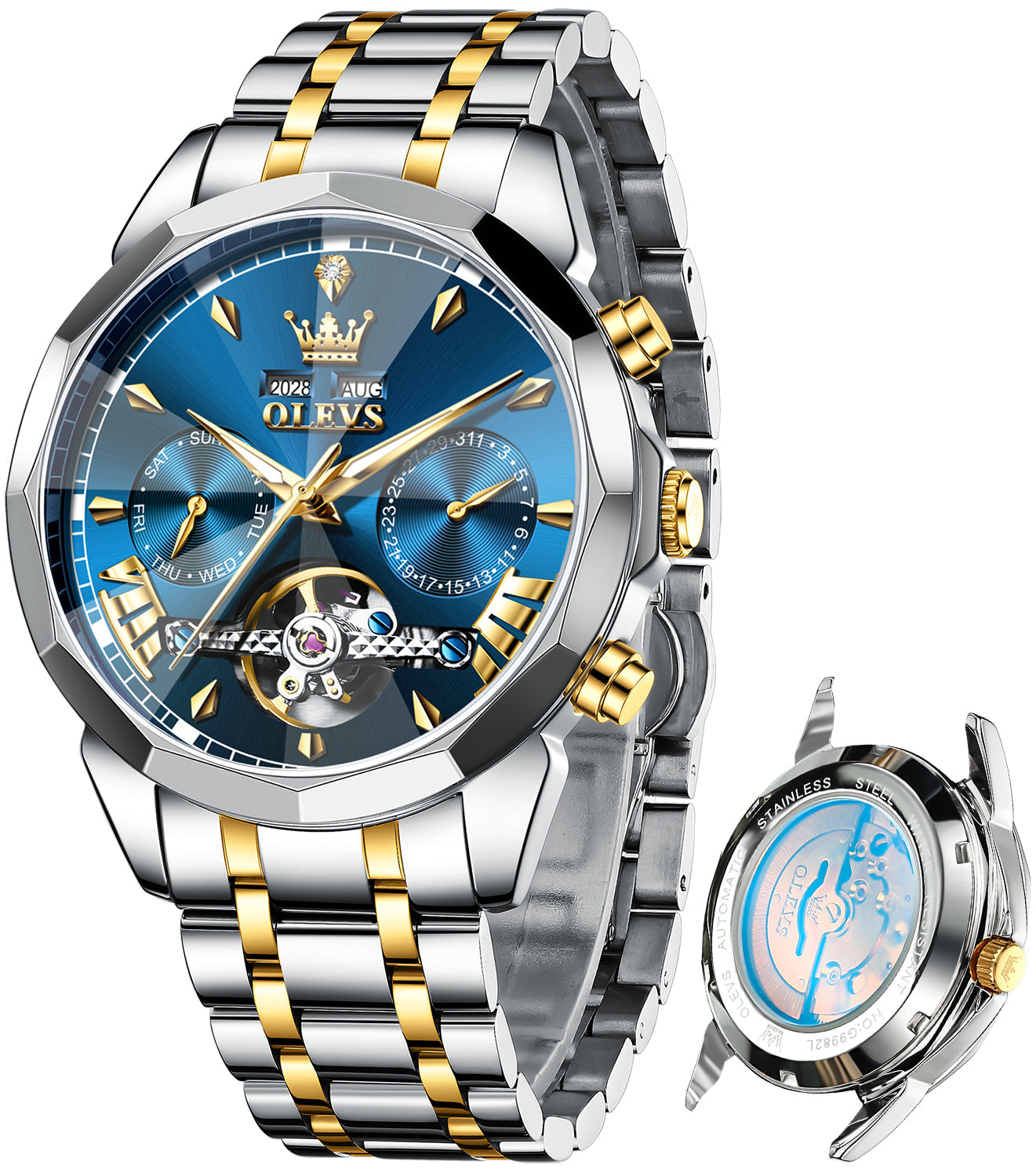 OLEVS 6619 Automatic Watches for Men Luxury Dress Waterproof Self Winding Mechanical Chronograph Diamond Stainless Steel Luminous Date Skeleton Tourbillon Mens Watches Gift Reloj Para Hombre