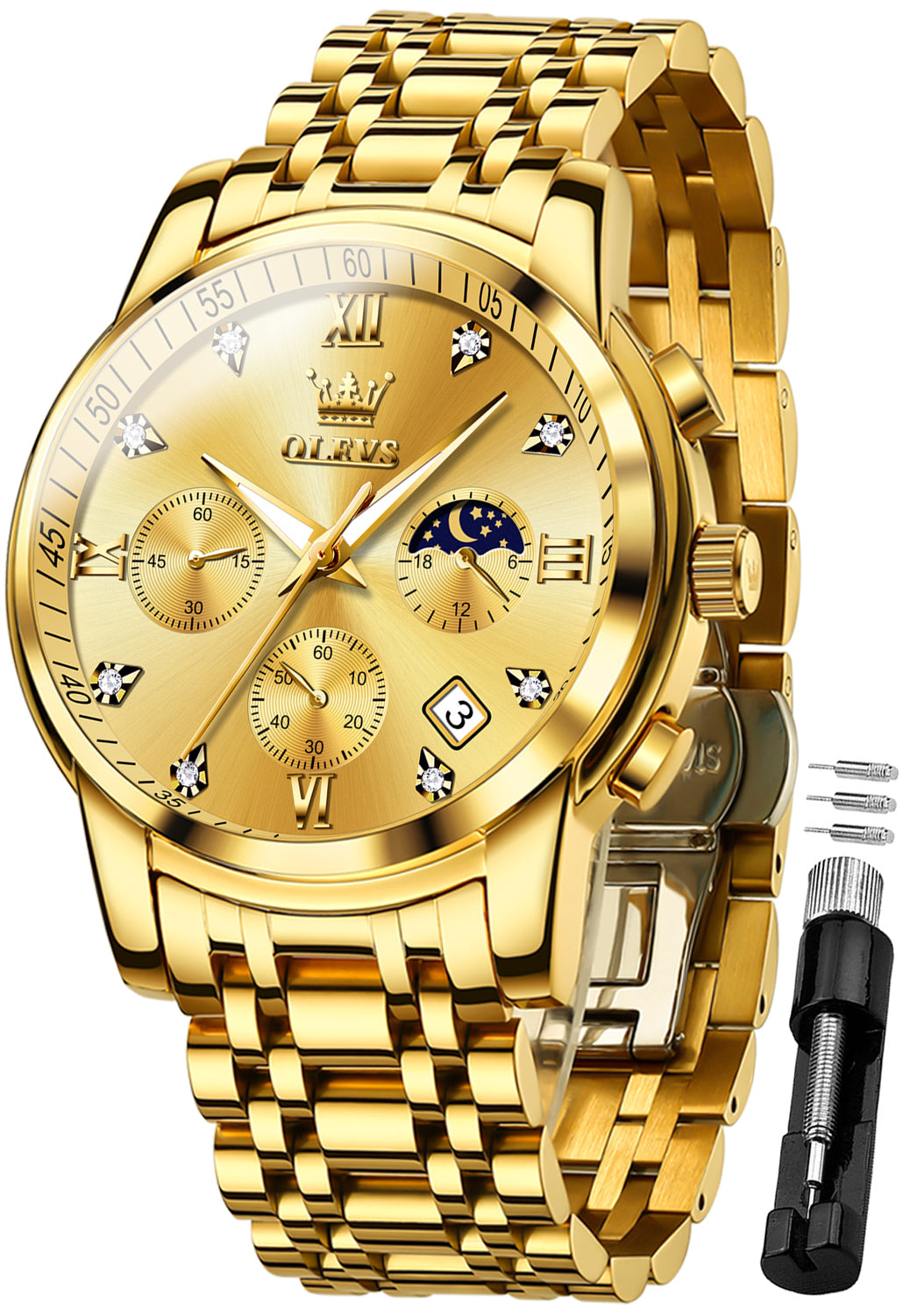 OLEVS 2858 Men's Watch, Business Chronograph Formal Stainless Steel Watch, Pointer Quartz Waterproof Luminous Men's Watch, Black and Blue Tone Stylish Holiday Gift