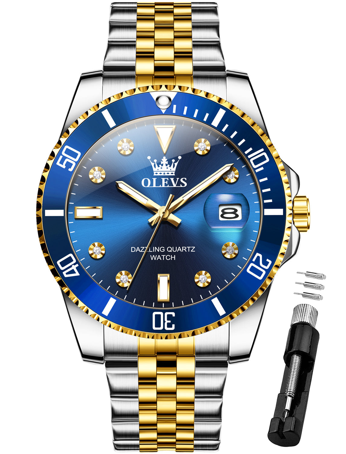 OLEVS 9809 Watch for Men Stainless Steel Business Dress Luxury Diamond Big Face Waterproof Mens Watches with Date Analog Wrist Men Watch Reloj para Hombre Gold Dial