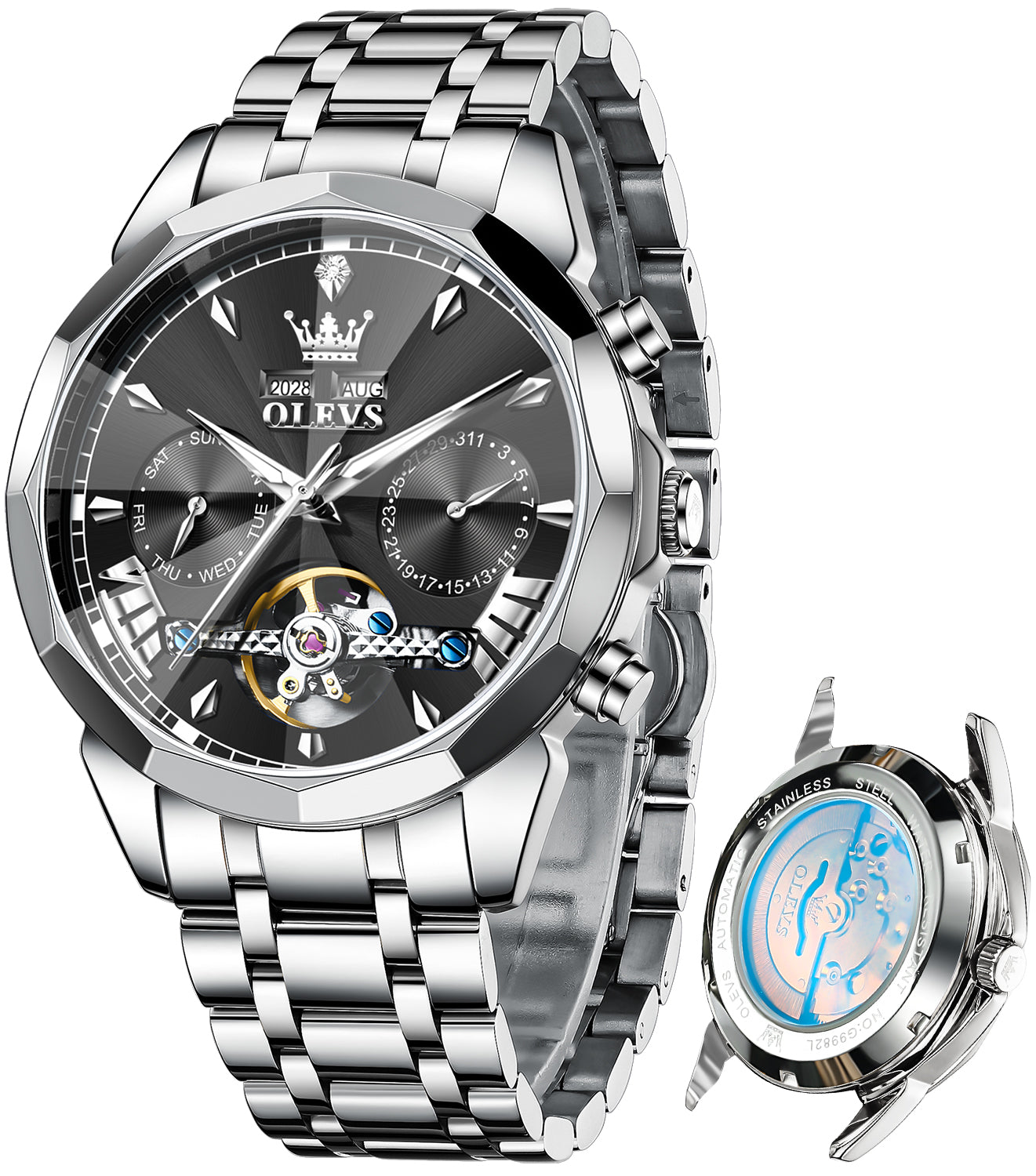 OLEVS 6619 Automatic Watches for Men Luxury Dress Waterproof Self Winding Mechanical Chronograph Diamond Stainless Steel Luminous Date Skeleton Tourbillon Mens Watches Gift Reloj Para Hombre