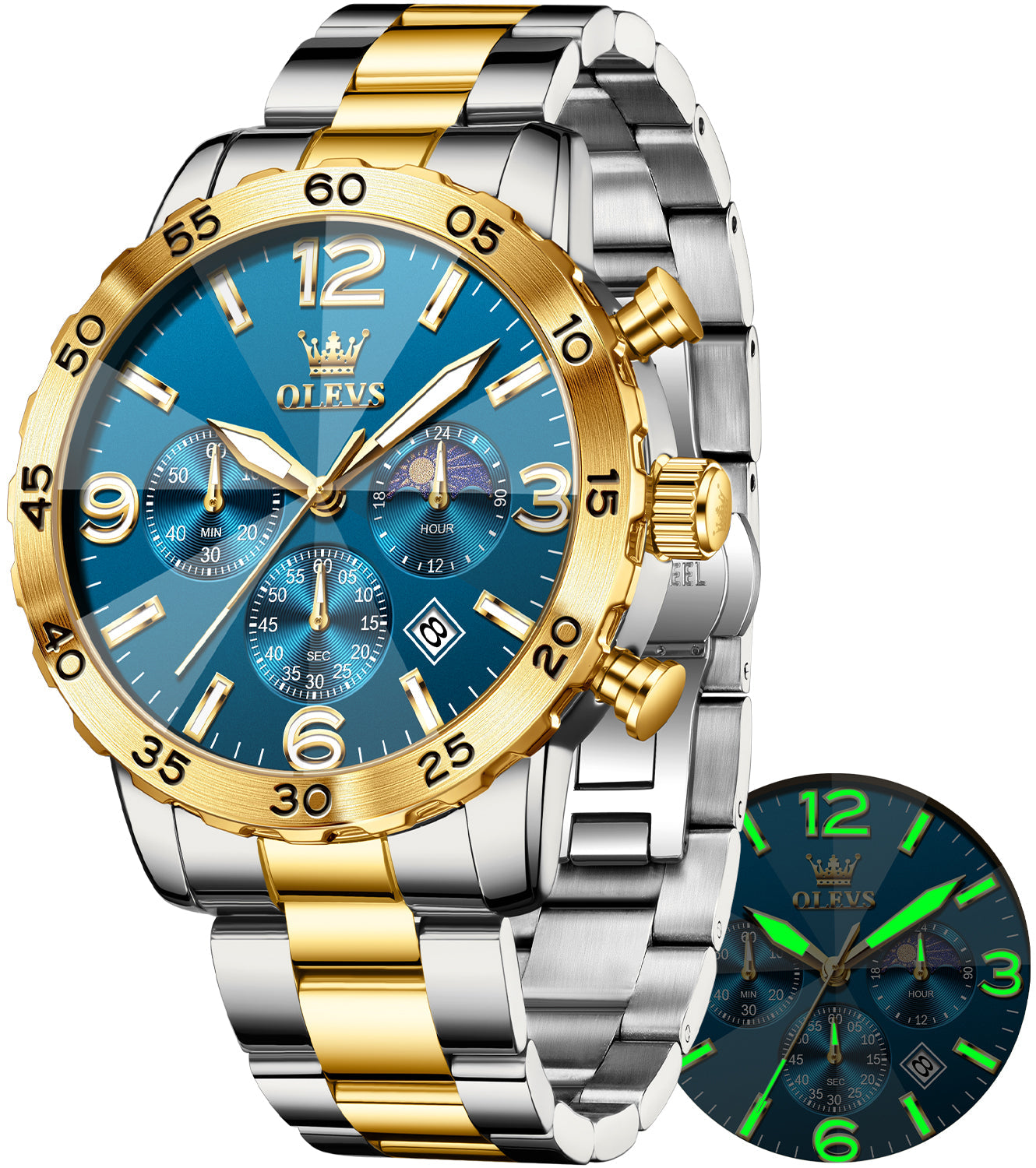 OLEVS 3678 Relojes para Hombre de Lujo Vestido Cronógrafo Analógico Cuarzo Chapado en Oro Acero Inoxidable Fase Lunar Impermeable Luminoso Fecha Relojes de Pulsera de Moda para Hombre Reloj Para Hombre 