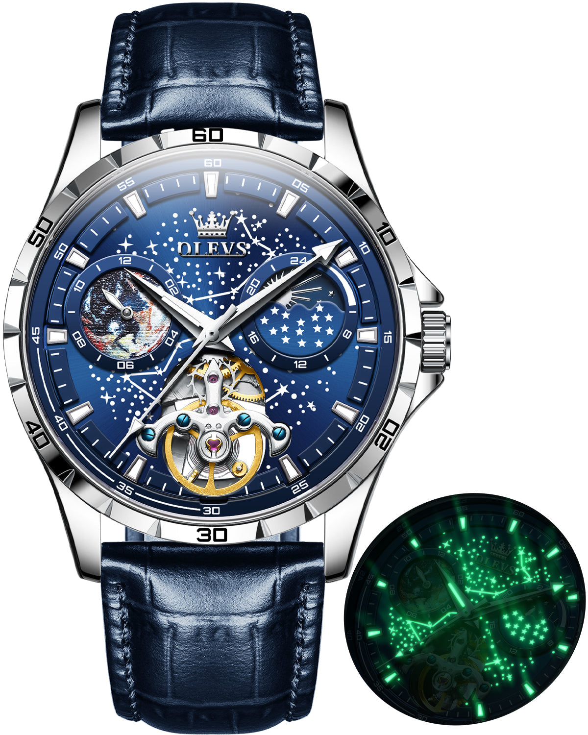 OLEVS 6689 Automatic Watches for Mens Starry Sky Skeleton Tourbillon Self Winding Mechanical Moon Phase Luminous Waterproof Luxury Dress Mens Wrist Watches Gifts Reloj Para Hombre Black/Blue/Green