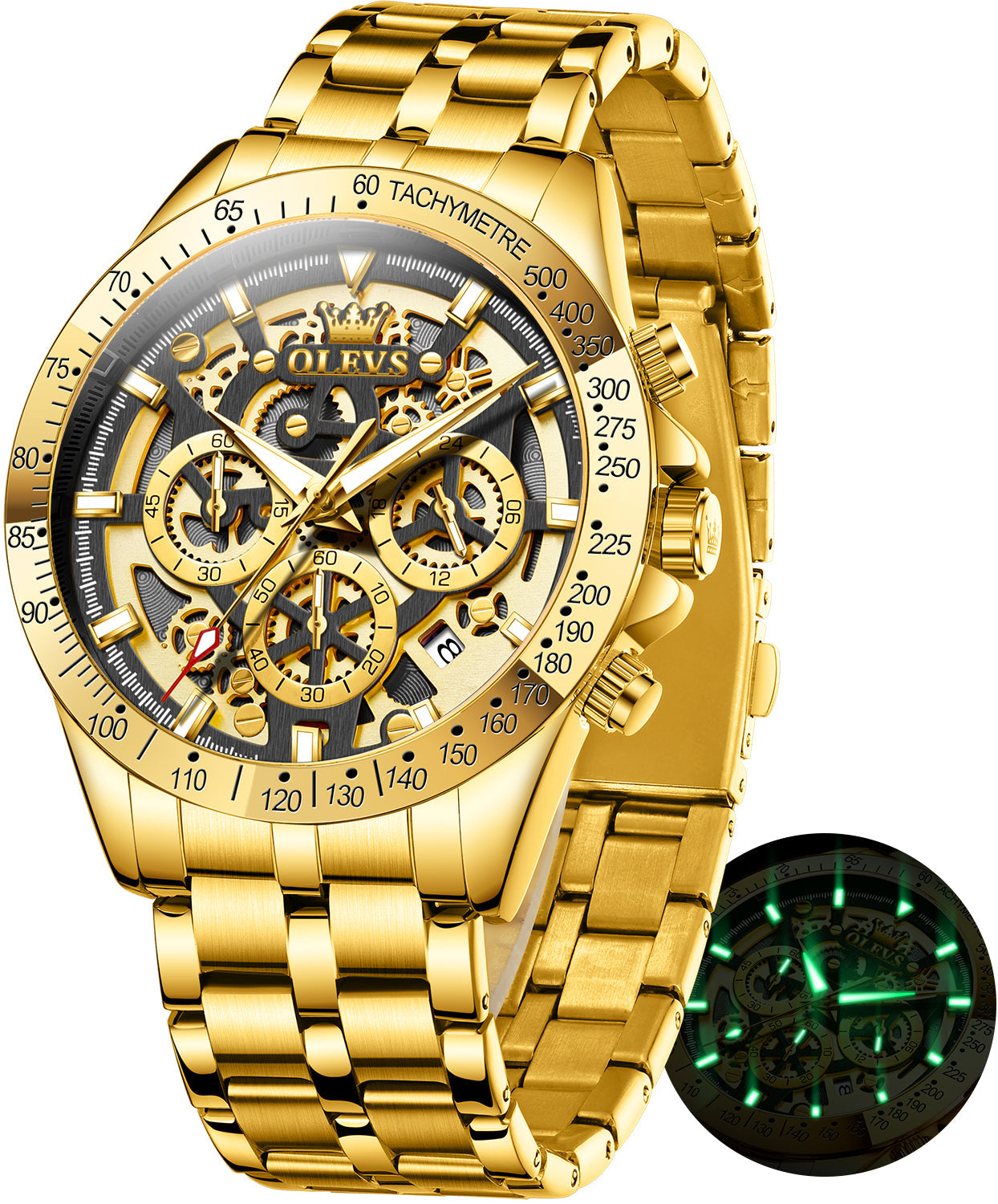 OLEVS 9913 Watches for Men Waterproof Luxury Dress Analog Quartz Chronograph Fashion Gold Plated Stainless Steel Luminous Date Classic Mens Wrist Watches Reloj Para Hombre Gold/White/Black Dial