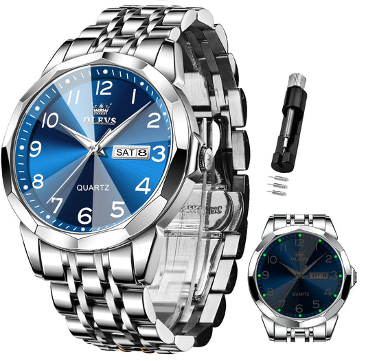 OLEVS 9970 Watches for men  Business Dress Luxury Casual Analog Quartz Stainless Steel Waterproof Luminous Date Men Wrist Watches reloj para hombre  Blue Dial