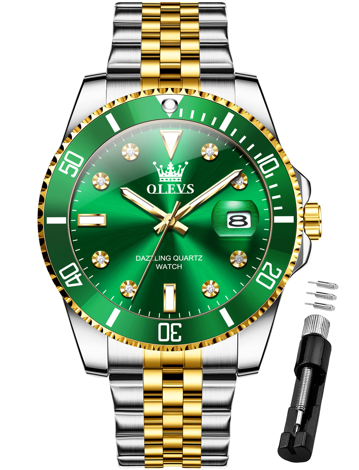 OLEVS 9809 Watch for Men Stainless Steel Business Dress Luxury Diamond Big Face Waterproof Mens Watches with Date Analog Wrist Men Watch Reloj para Hombre Gold Dial