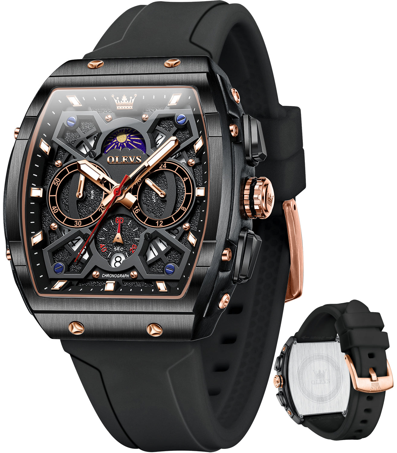 OLEVS 2942 Watches for Men Chronograph Waterproof Luxury Dress Quartz Silicon Strap Multifunction Moon Phase Calendar Luminous Men Wrist Watches Reloj Para Hombre Black/Red