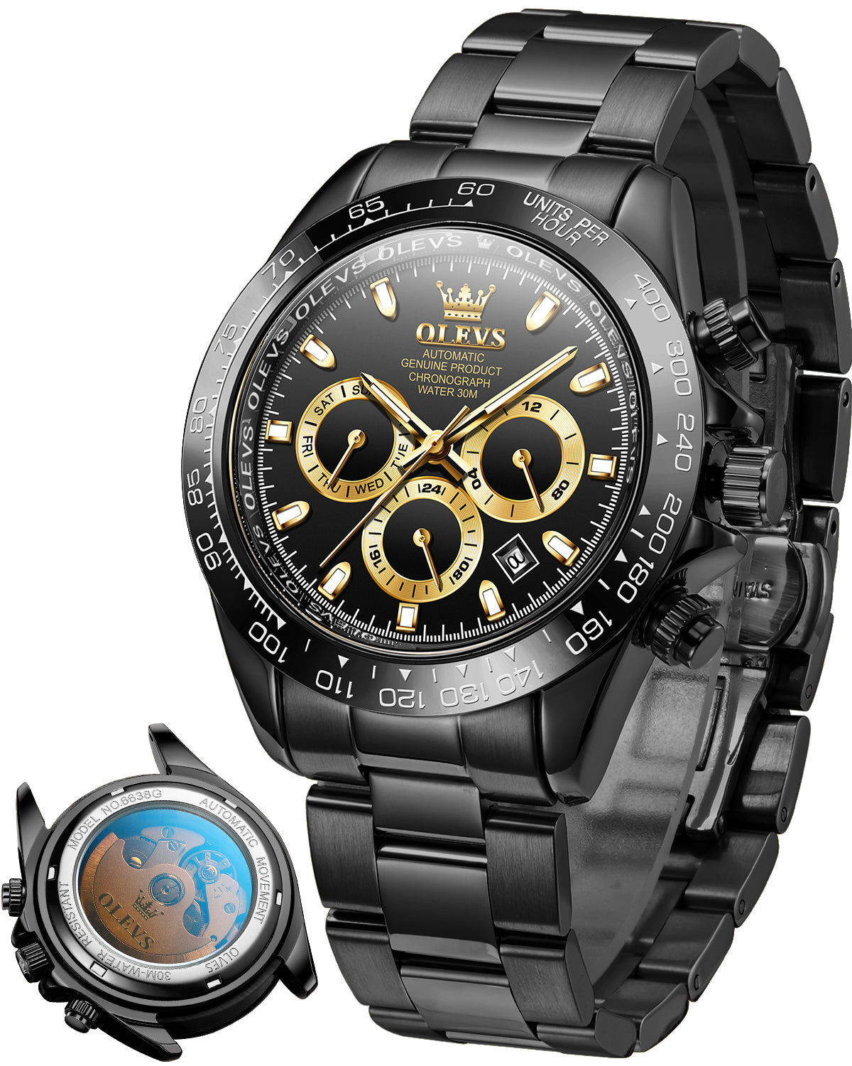 OLEVS 6638 Automatic Watches for Men Self Winding Chronograph Mechanical Luxury Dress Stainless Steel Calendar Date Waterproof Luminous Mens Wrist Watches Gift Reloj Para Hombre Gold/Black/Blue/Green Dial