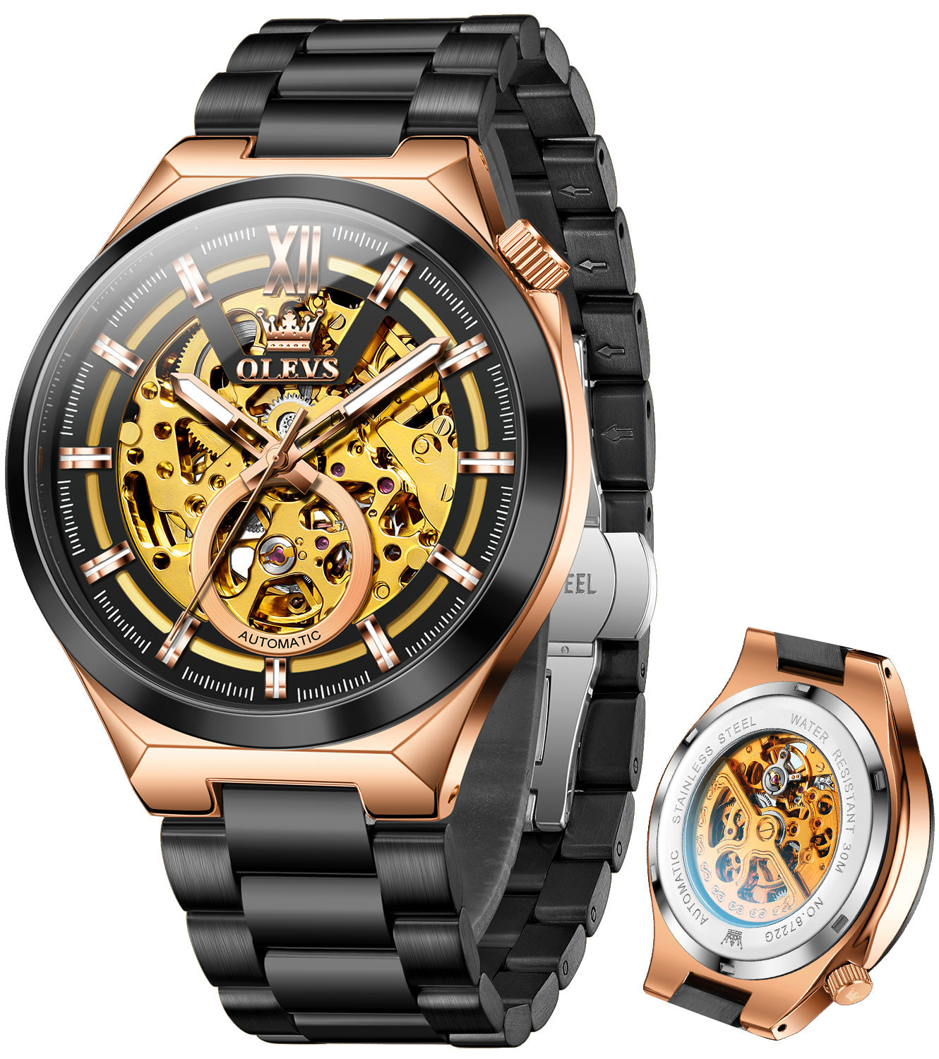 OLEVS 6722 Skeleton Watches for Men Luxury Dress Automatic Self Winding Mechanical Gold Plated Stainless Steel Waterproof Luminous Business Men Wrist Watch Reloj Para Hombre