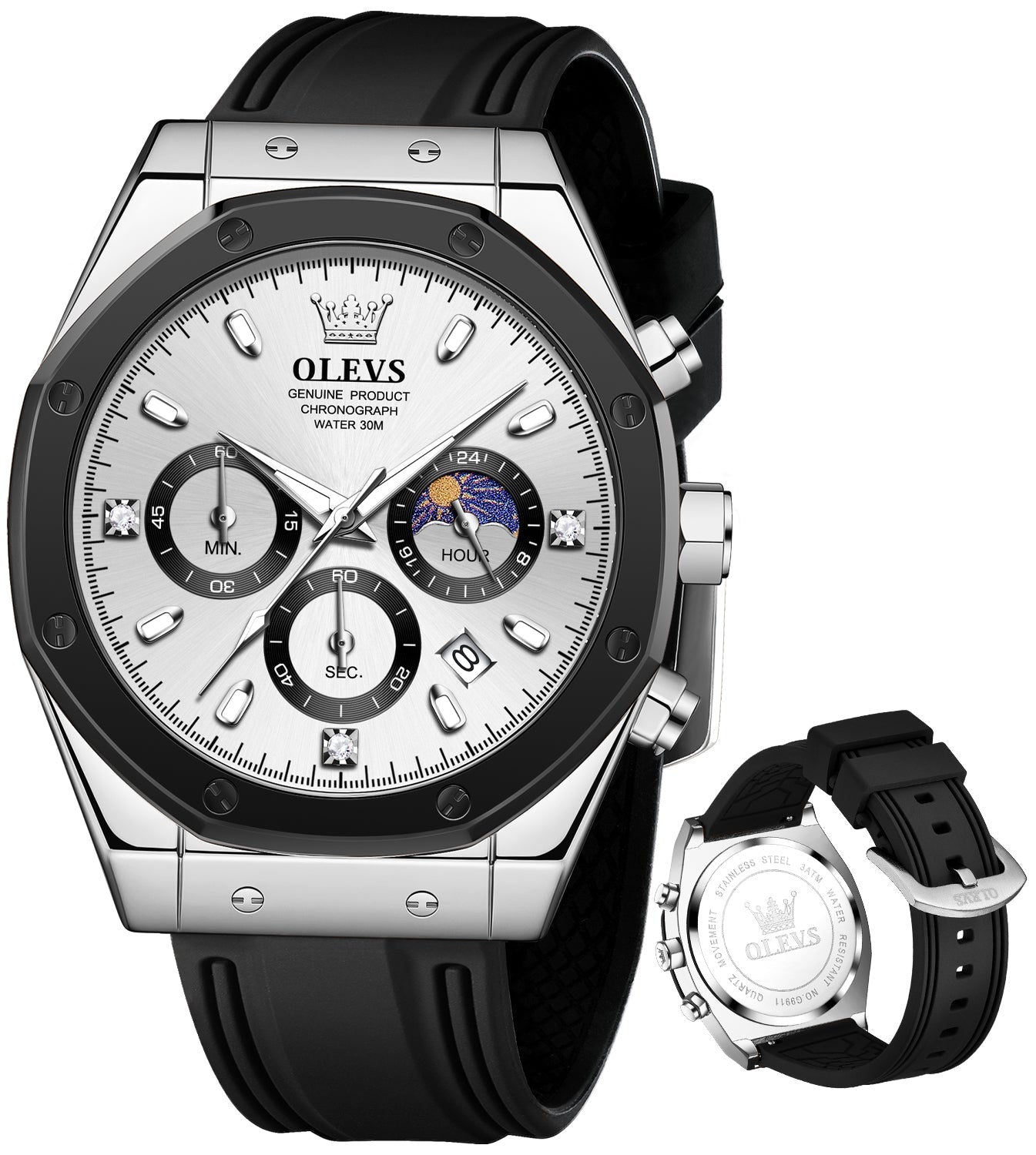 OLEVS 9911 Watches for Men Chronograph Waterproof Luxury Dress Quartz Silicon Strap Multifunction Moon Phase Business Calendar Luminous Men Wrist Watches Reloj Para Hombre Gray/Black/White