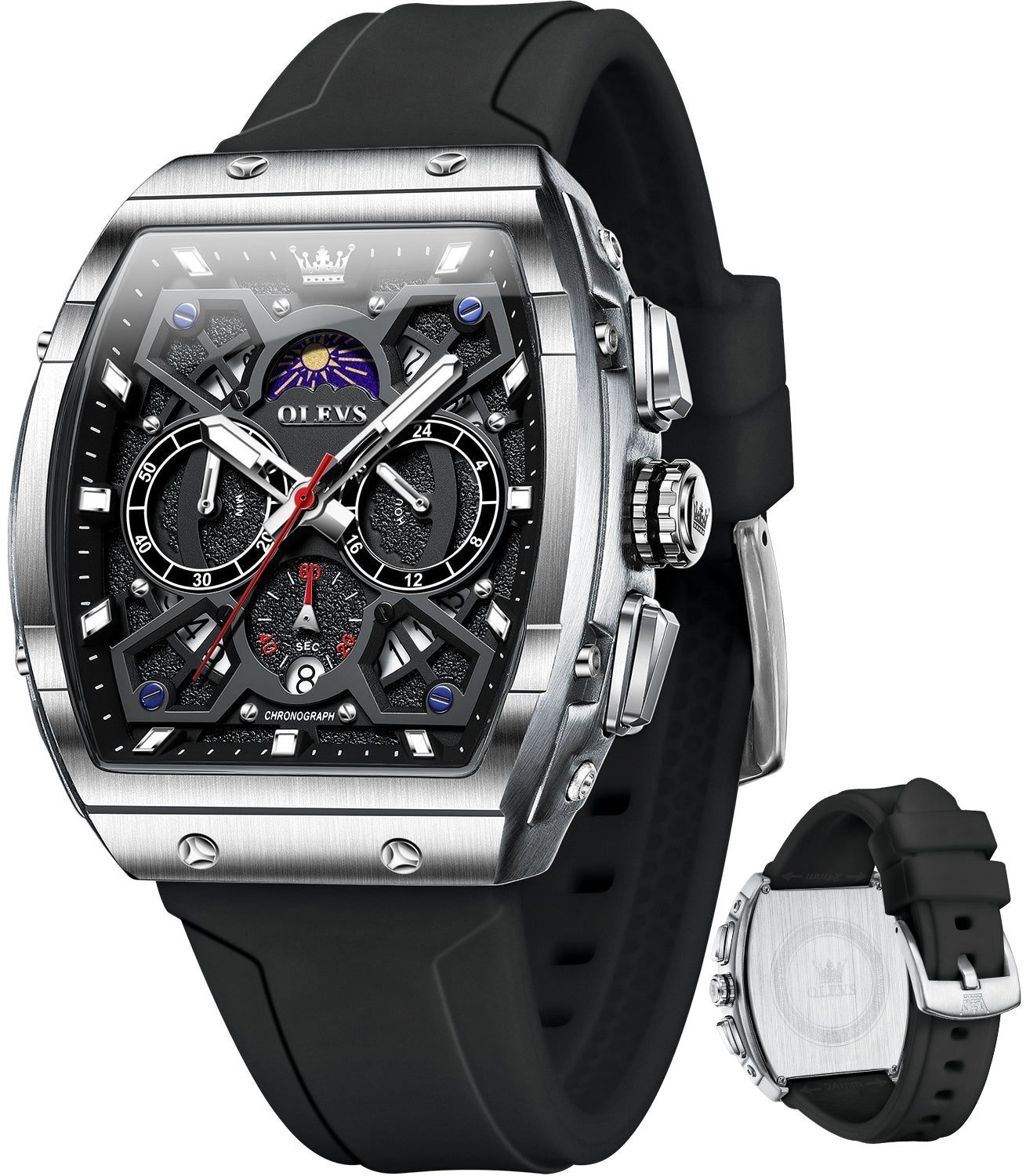 OLEVS 2942 Watches for Men Chronograph Waterproof Luxury Dress Quartz Silicon Strap Multifunction Moon Phase Calendar Luminous Men Wrist Watches Reloj Para Hombre Black/Red