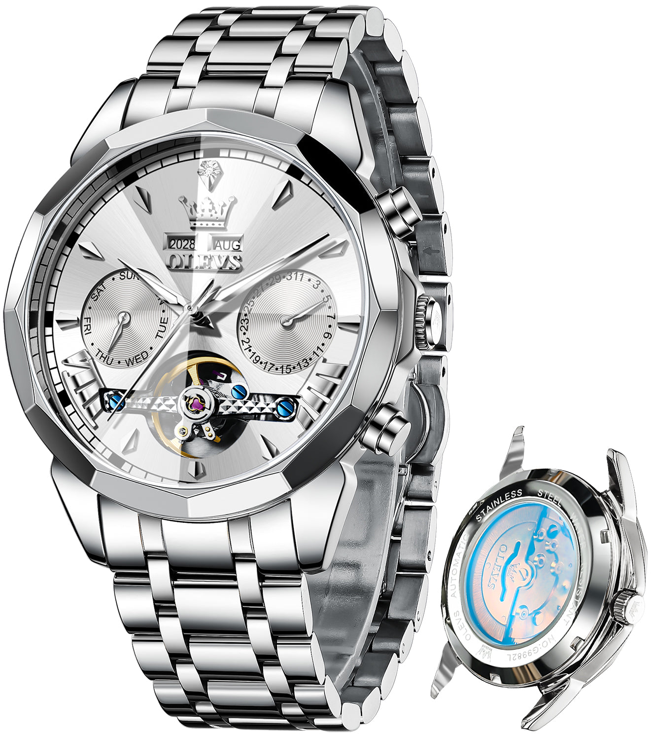 OLEVS 6619 Automatic Watches for Men Luxury Dress Waterproof Self Winding Mechanical Chronograph Diamond Stainless Steel Luminous Date Skeleton Tourbillon Mens Watches Gift Reloj Para Hombre