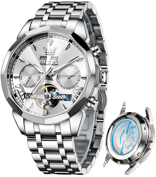 OLEVS 6619 Automatic Watches for Men Luxury Dress Waterproof Self Winding Mechanical Chronograph Diamond Stainless Steel Luminous Date Skeleton Tourbillon Mens Watches Gift Reloj Para Hombre