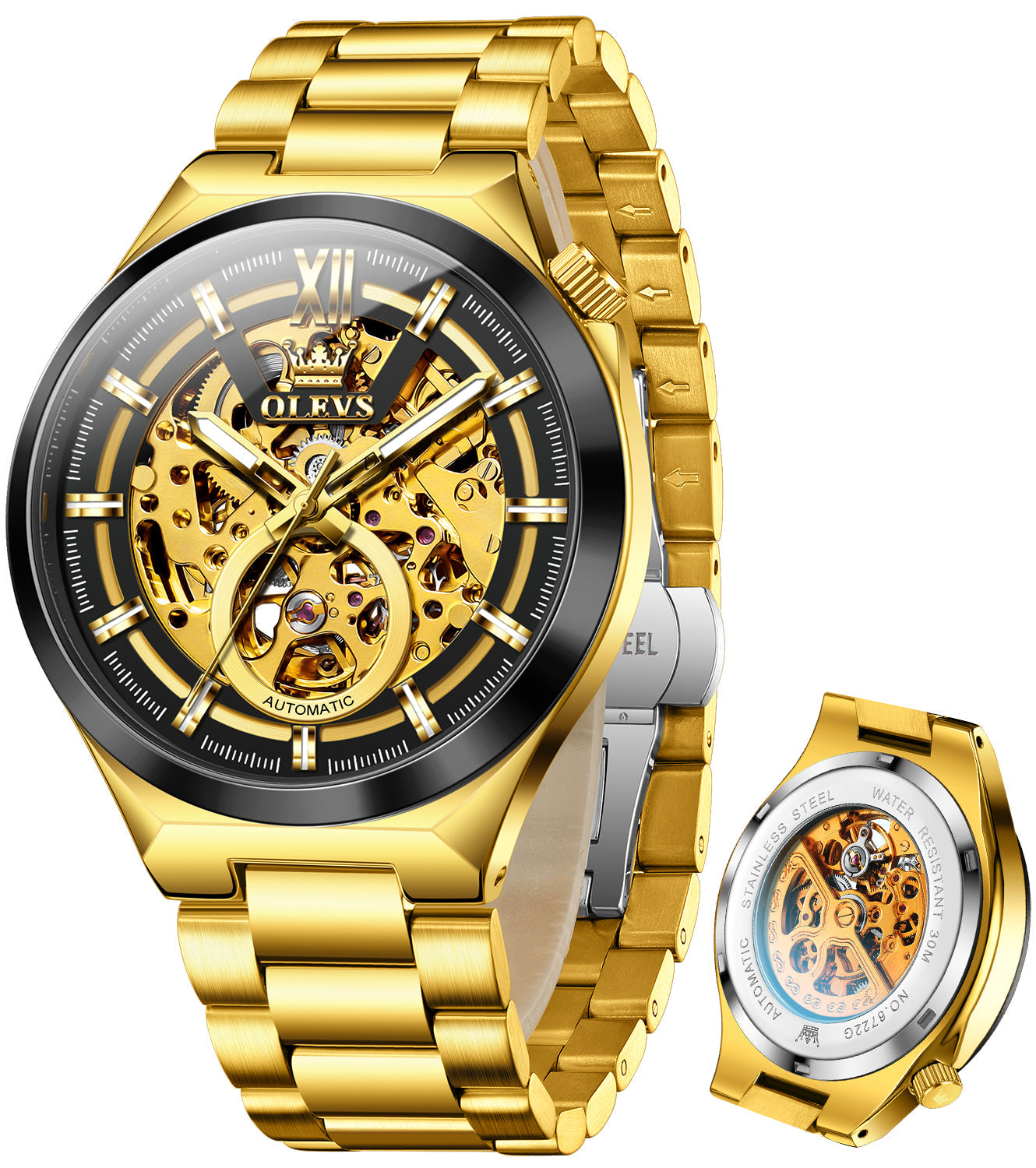 OLEVS 6722 Skeleton Watches for Men Luxury Dress Automatic Self Winding Mechanical Gold Plated Stainless Steel Waterproof Luminous Business Men Wrist Watch Reloj Para Hombre