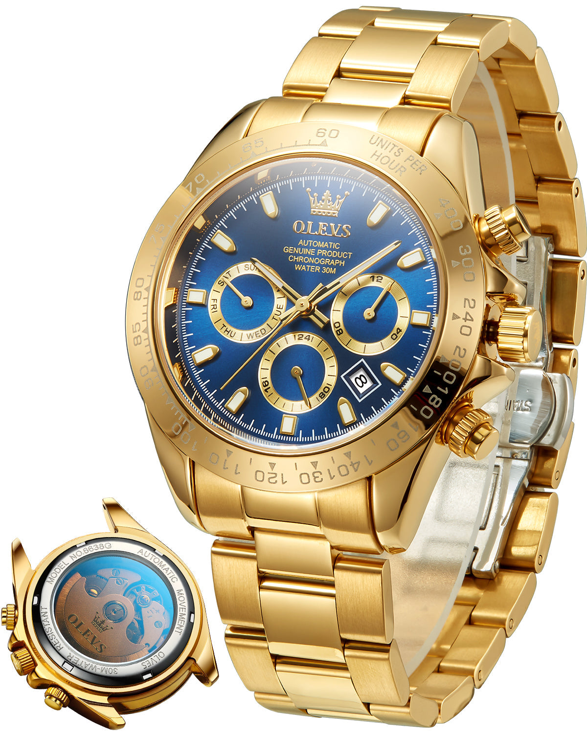OLEVS 6638 Automatic Watches for Men Self Winding Chronograph Mechanical Luxury Dress Stainless Steel Calendar Date Waterproof Luminous Mens Wrist Watches Gift Reloj Para Hombre Gold/Black/Blue/Green Dial