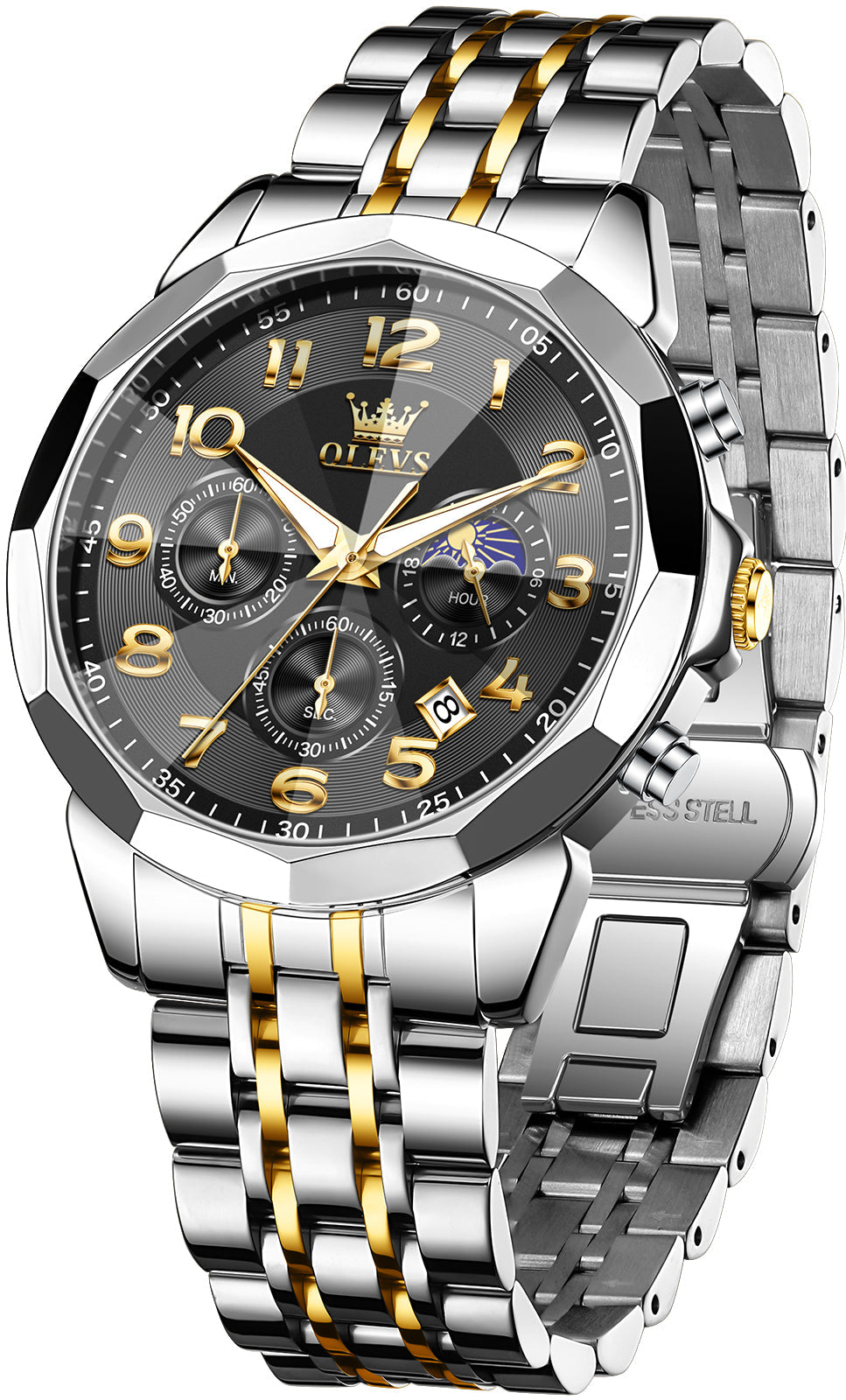 OLEVS  3676 Chronograph Watches for Men Business Dress Analog Quartz Gold Plated Stainless Steel Moon Phase Waterproof Luminous Date Luxury Mens Wrist Watches Reloj Para Hombre