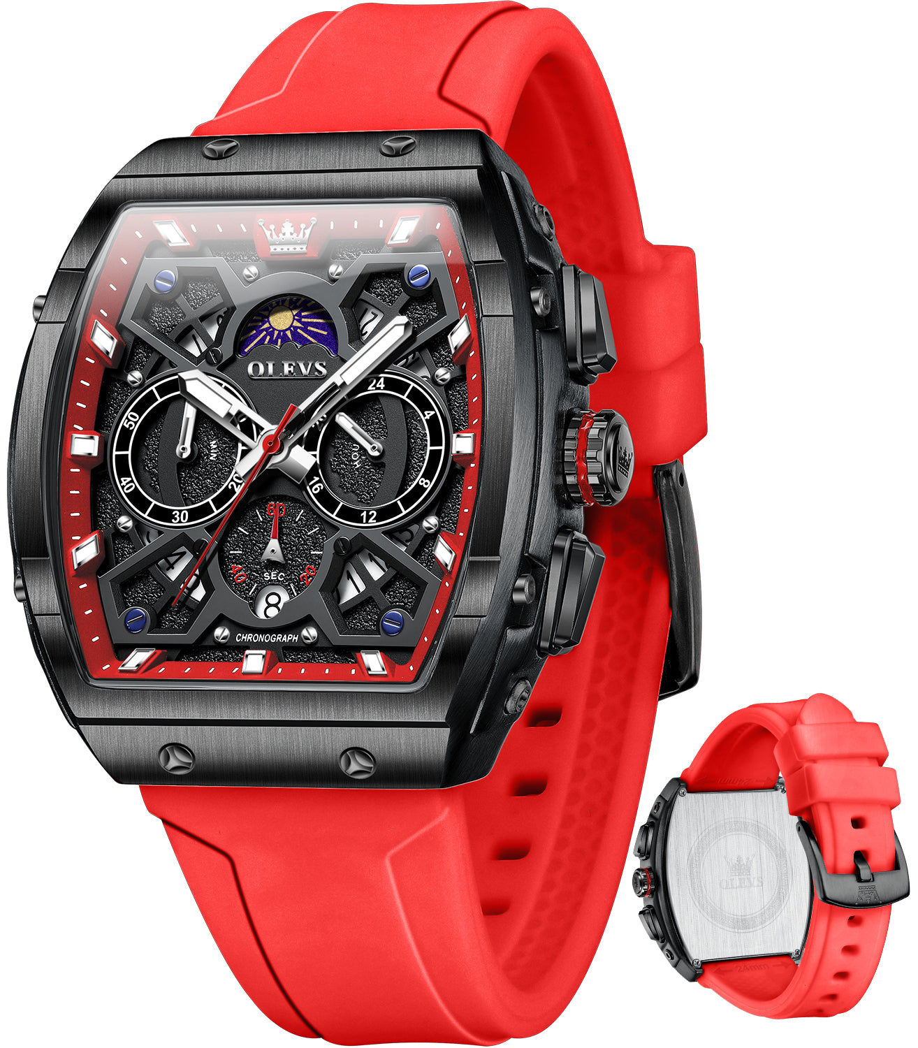 OLEVS 2942 Watches for Men Chronograph Waterproof Luxury Dress Quartz Silicon Strap Multifunction Moon Phase Calendar Luminous Men Wrist Watches Reloj Para Hombre Black/Red