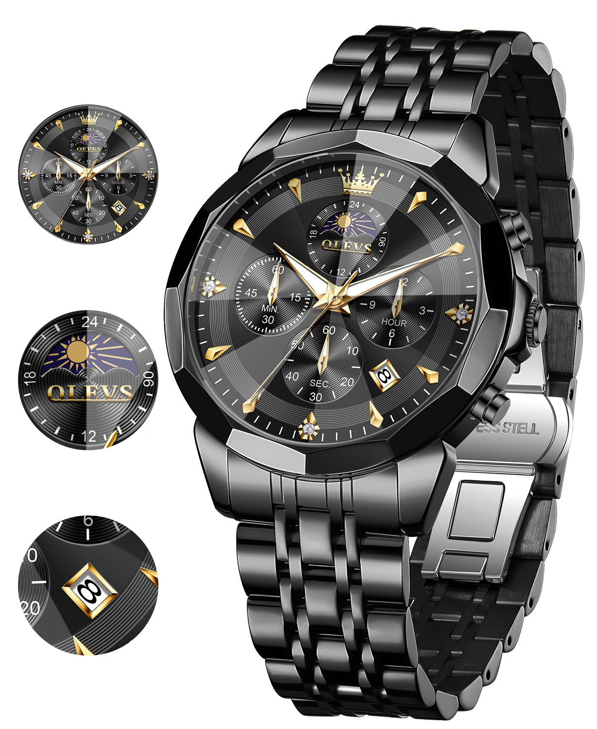 OLEVS 3673 Watches For Men Business Dress Luxury Casual Chronograph Multifunction Analog Quartz Stainless Steel Waterproof Luminous Moon Phase Date Men Wrist Watches Reloj Para Hombre White Dial