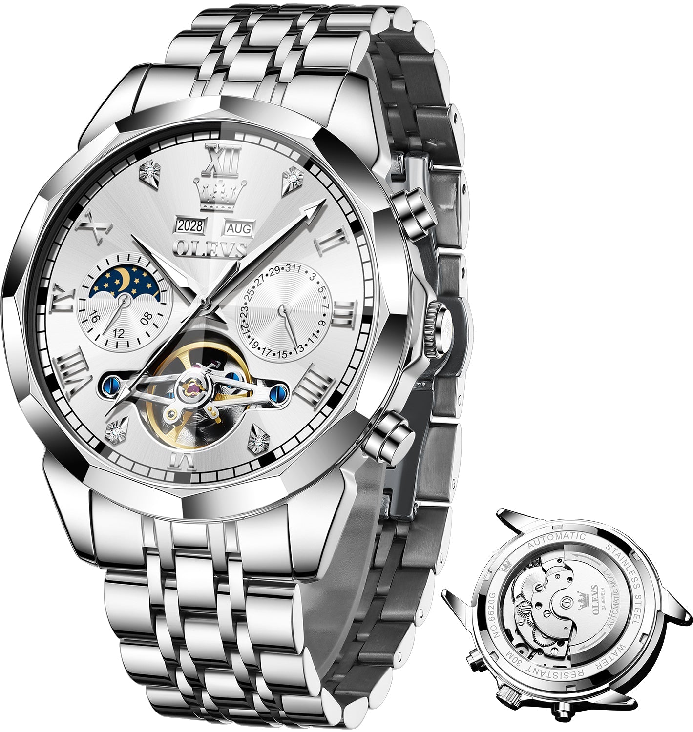 OLEVS 6620 Automatic Watches for Men Self Winding Mechanical Skeleton Luxury Dress Chronograph Gold Plated Stainless Steel Calendar Moon Phase Waterproof Luminous Mens Wrist Watches Reloj Para Hombre