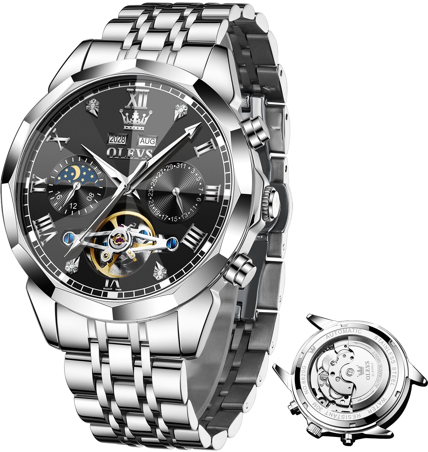 OLEVS 6620 Automatic Watches for Men Self Winding Mechanical Skeleton Luxury Dress Chronograph Gold Plated Stainless Steel Calendar Moon Phase Waterproof Luminous Mens Wrist Watches Reloj Para Hombre