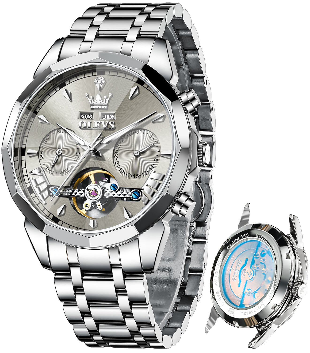 OLEVS 6619 Automatic Watches for Men Luxury Dress Waterproof Self Winding Mechanical Chronograph Diamond Stainless Steel Luminous Date Skeleton Tourbillon Mens Watches Gift Reloj Para Hombre