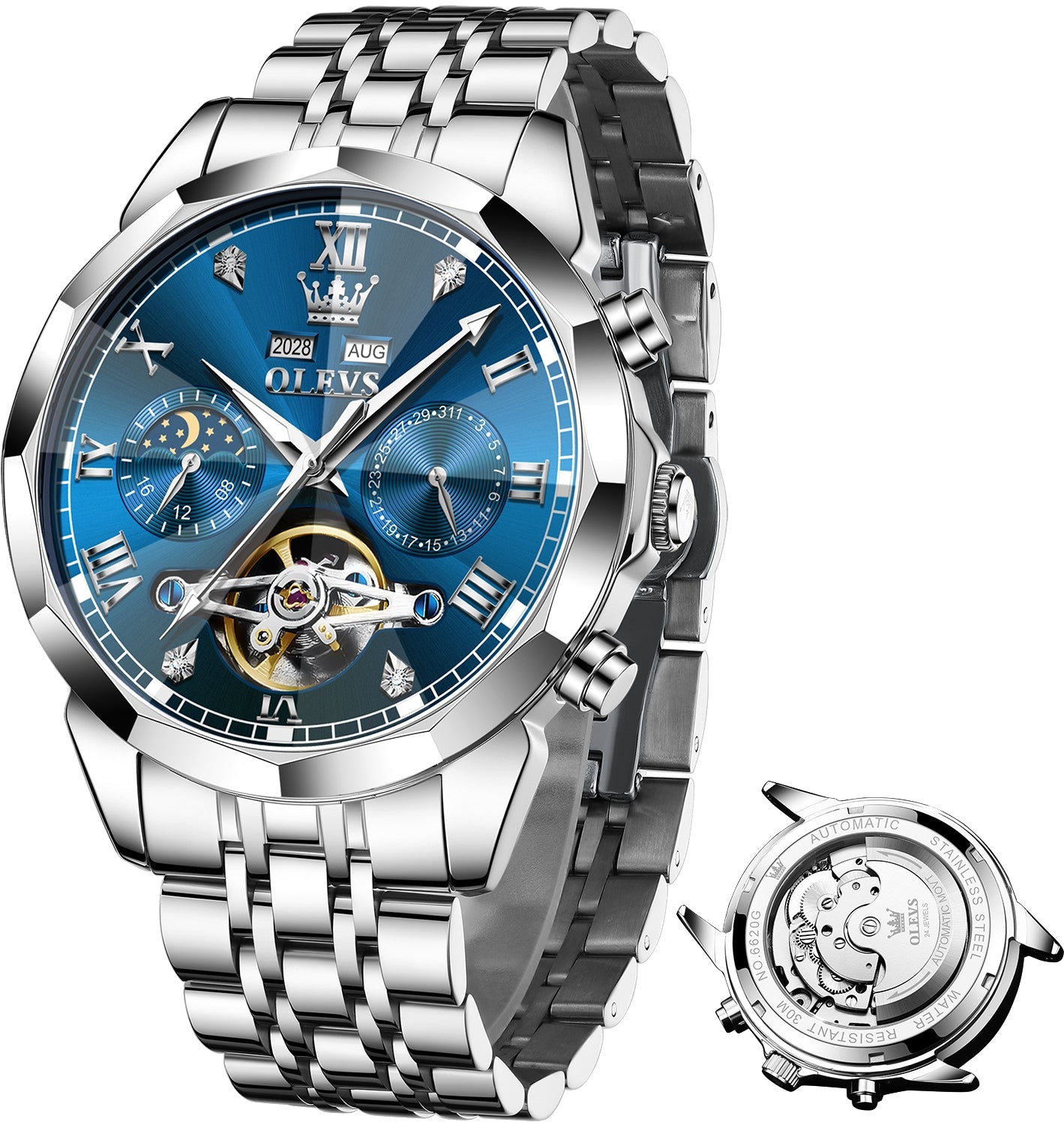 OLEVS 6620 Automatic Watches for Men Self Winding Mechanical Skeleton Luxury Dress Chronograph Gold Plated Stainless Steel Calendar Moon Phase Waterproof Luminous Mens Wrist Watches Reloj Para Hombre