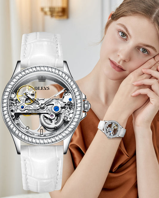 OLEVS 6699 Automatic Watches for Womens Mechanical Diamond Skeleton Self Winding Luxury Dress Waterproof Luminous Ladies Watches Womens Wrist Watches Gift Reloj Para Mujer