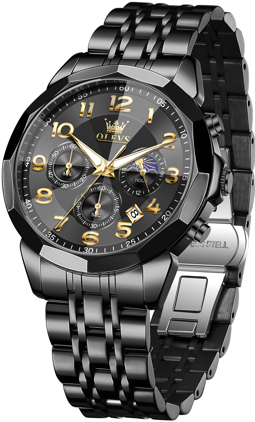 OLEVS  3676 Chronograph Watches for Men Business Dress Analog Quartz Gold Plated Stainless Steel Moon Phase Waterproof Luminous Date Luxury Mens Wrist Watches Reloj Para Hombre