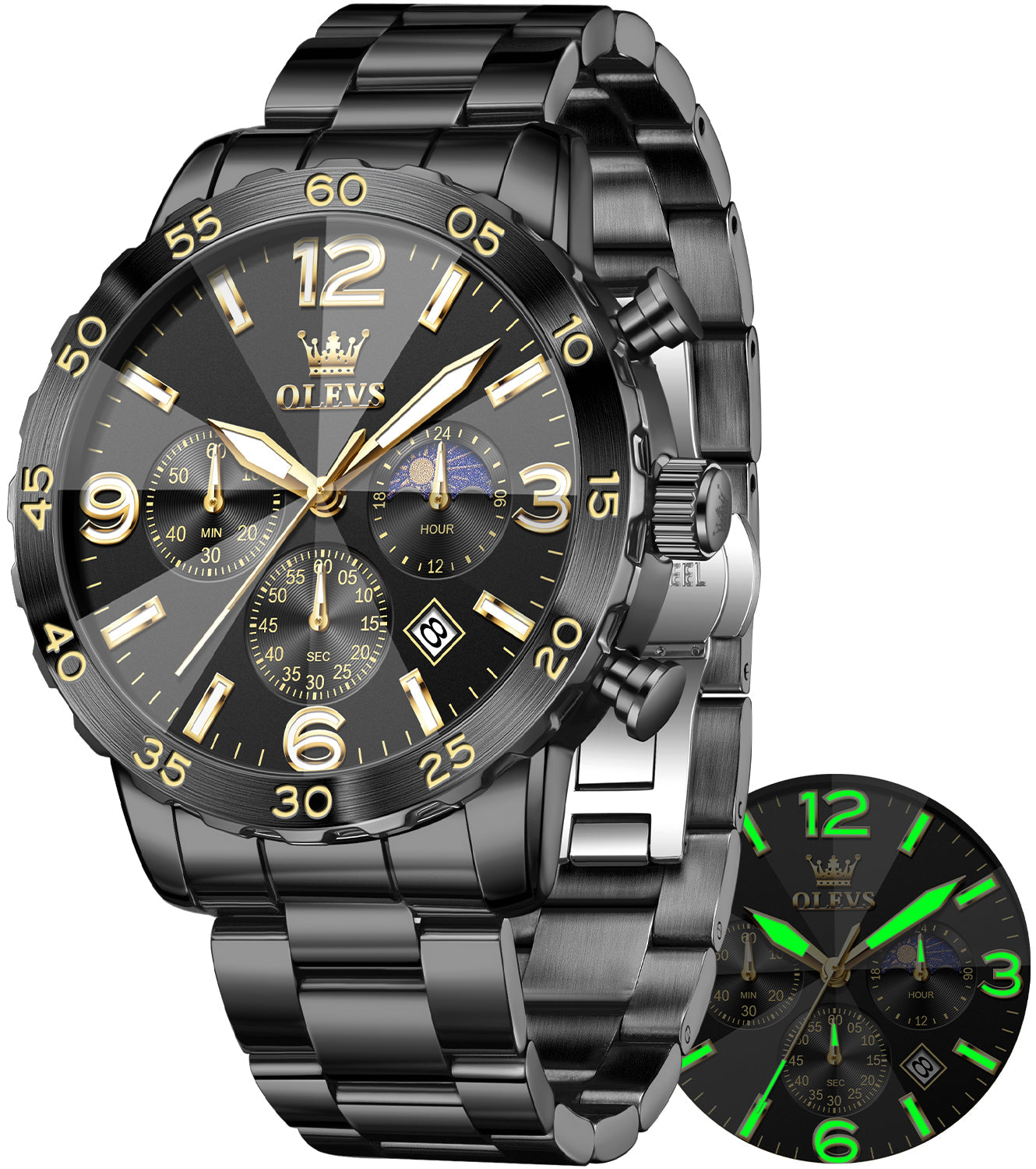 OLEVS 3678 Relojes para Hombre de Lujo Vestido Cronógrafo Analógico Cuarzo Chapado en Oro Acero Inoxidable Fase Lunar Impermeable Luminoso Fecha Relojes de Pulsera de Moda para Hombre Reloj Para Hombre 