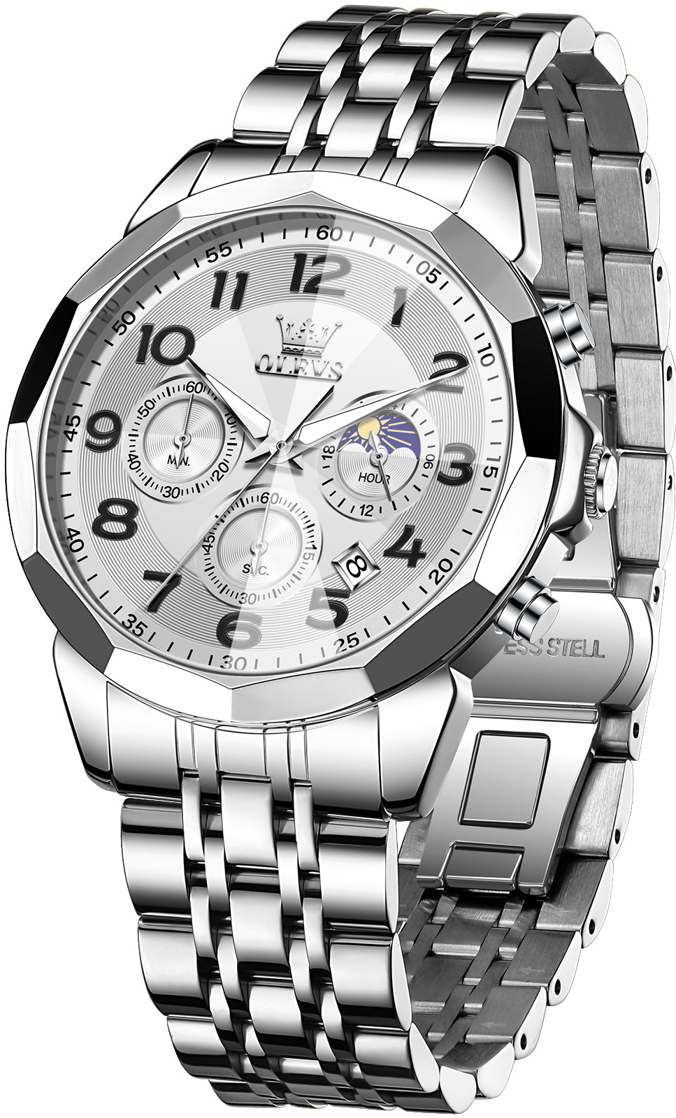 OLEVS  3676 Chronograph Watches for Men Business Dress Analog Quartz Gold Plated Stainless Steel Moon Phase Waterproof Luminous Date Luxury Mens Wrist Watches Reloj Para Hombre