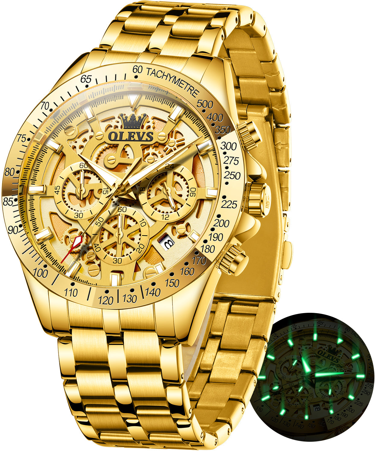 OLEVS 9913 Watches for Men Waterproof Luxury Dress Analog Quartz Chronograph Fashion Gold Plated Stainless Steel Luminous Date Classic Mens Wrist Watches Reloj Para Hombre Gold/White/Black Dial