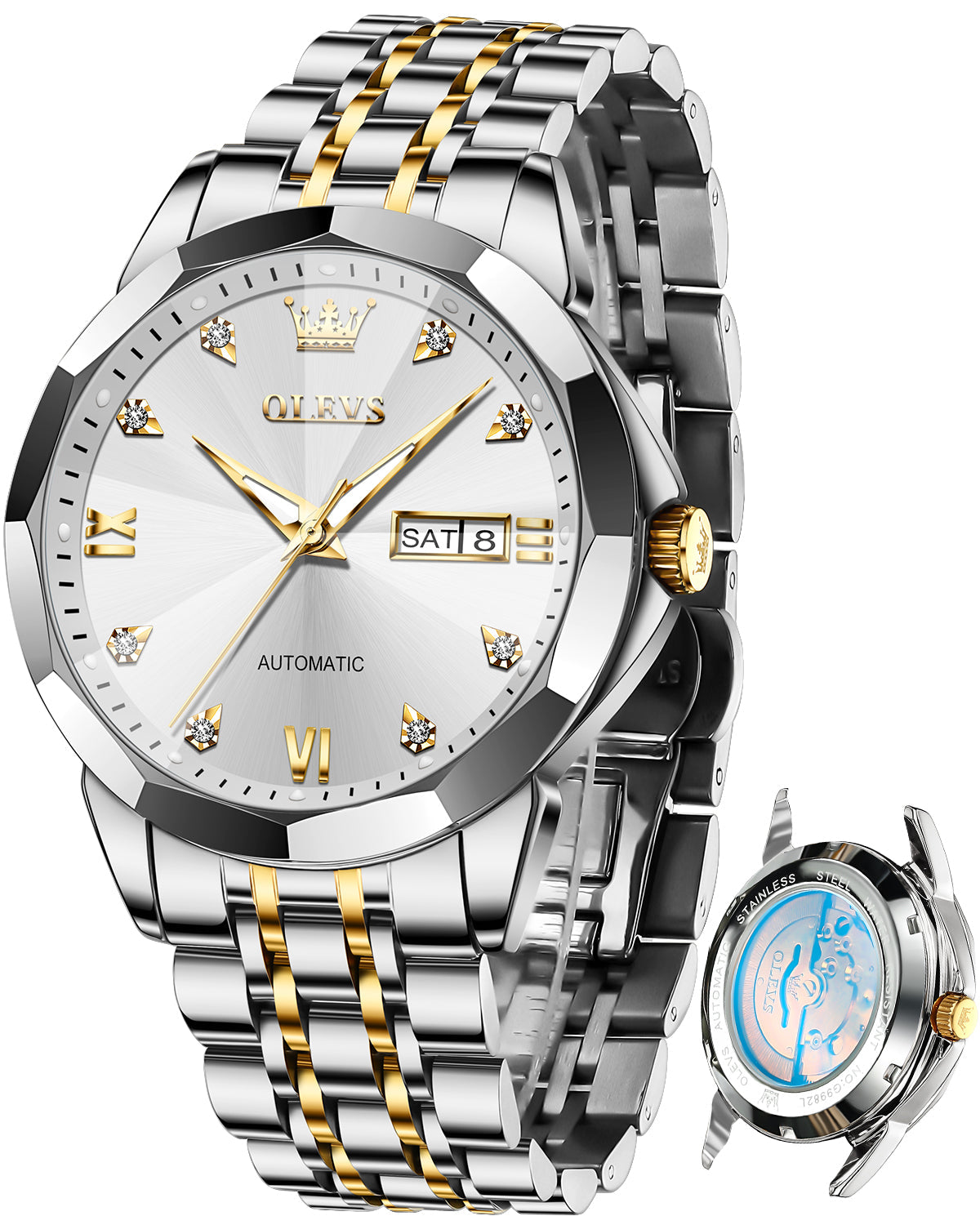OLEVS 9982 Automatic Watches for Men Self Winding Mechanical Luxury Dress Stainless Steel Two Tone Strap Diamond Waterproof Luminous Date Mens Wrist Watches Reloj Para Hombre Black/Blue/Gold/White