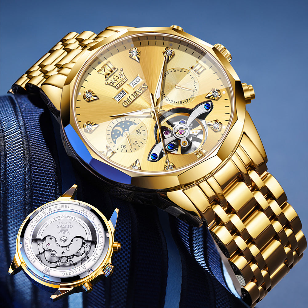 OLEVS 6621Automatic Watches for Men Luxury Dress Waterproof Self Winding Mechanical Moon Phase Chronograph Stainless Steel Luminous Diamond Date Skeleton Tourbillon Wristwatch for Men Reloj Para Hombre