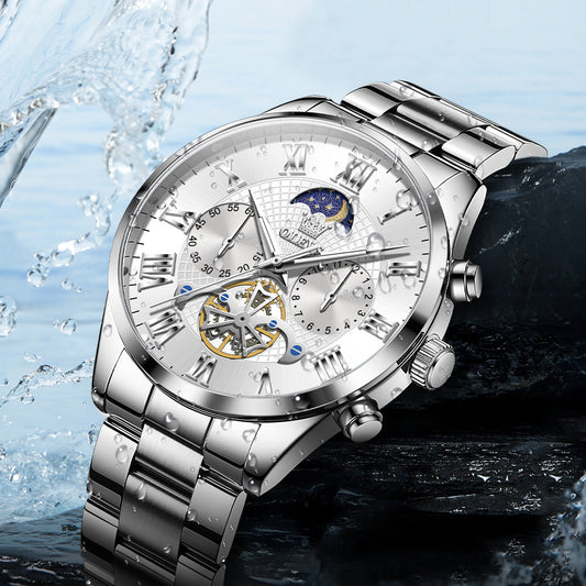 OLEVS 3640 Chronograph Watches for Men Waterproof Business Dress Analog Quartz Luxury Moon Phase Stainless Steel Roman Numeral Luminous Casual Mens Wrist Watches Reloj Para Hombre