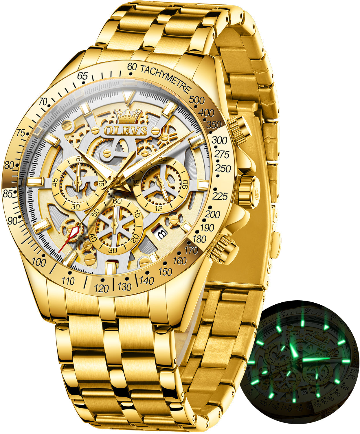 OLEVS 9913 Watches for Men Waterproof Luxury Dress Analog Quartz Chronograph Fashion Gold Plated Stainless Steel Luminous Date Classic Mens Wrist Watches Reloj Para Hombre Gold/White/Black Dial