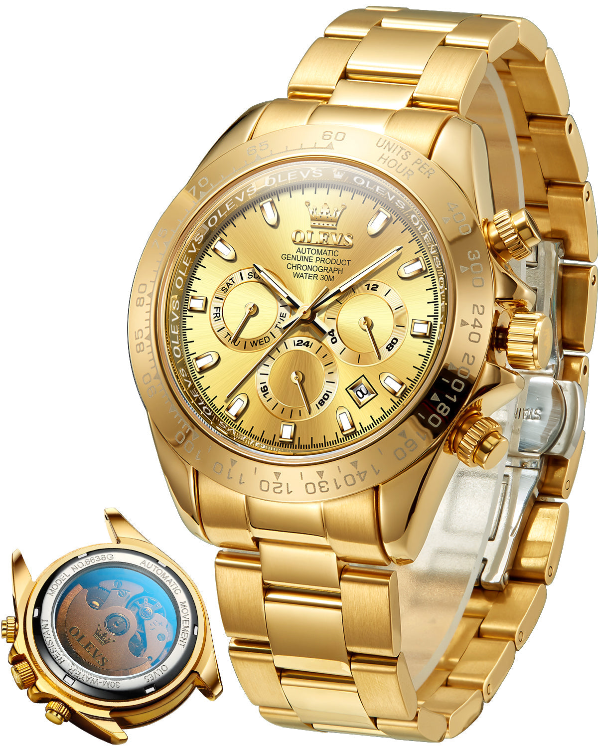 OLEVS 6638 Automatic Watches for Men Self Winding Chronograph Mechanical Luxury Dress Stainless Steel Calendar Date Waterproof Luminous Mens Wrist Watches Gift Reloj Para Hombre Gold/Black/Blue/Green Dial