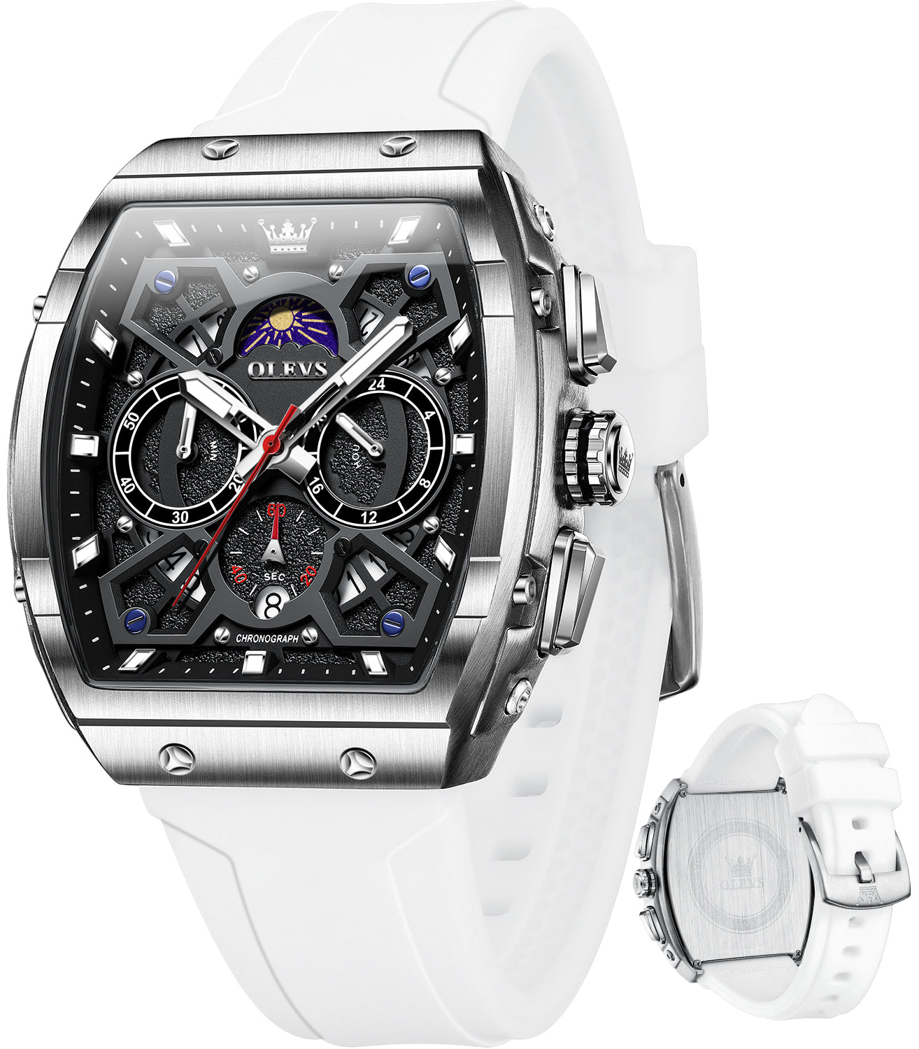 OLEVS 2942 Watches for Men Chronograph Waterproof Luxury Dress Quartz Silicon Strap Multifunction Moon Phase Calendar Luminous Men Wrist Watches Reloj Para Hombre Black/Red