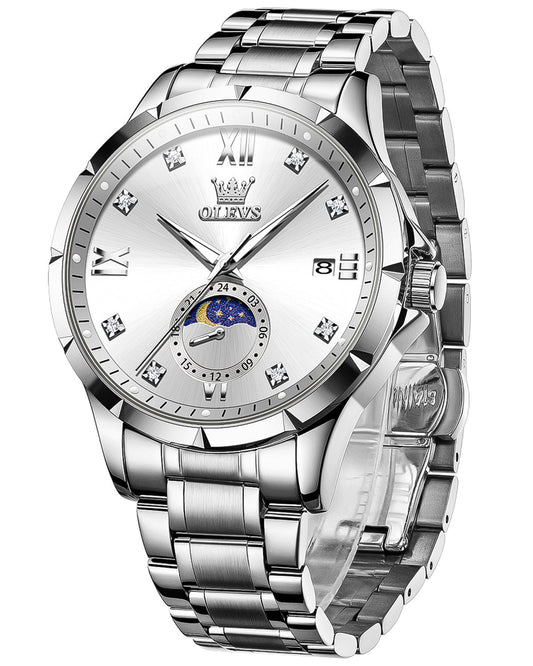 OLEVS 2956 Watches for Men Diamond Business Dress Casual Analog Moon Phase Calendar Quartz Stainless Steel Waterproof Luminous Date Men Wrist Watches Reloj Para Hombre White Dial
