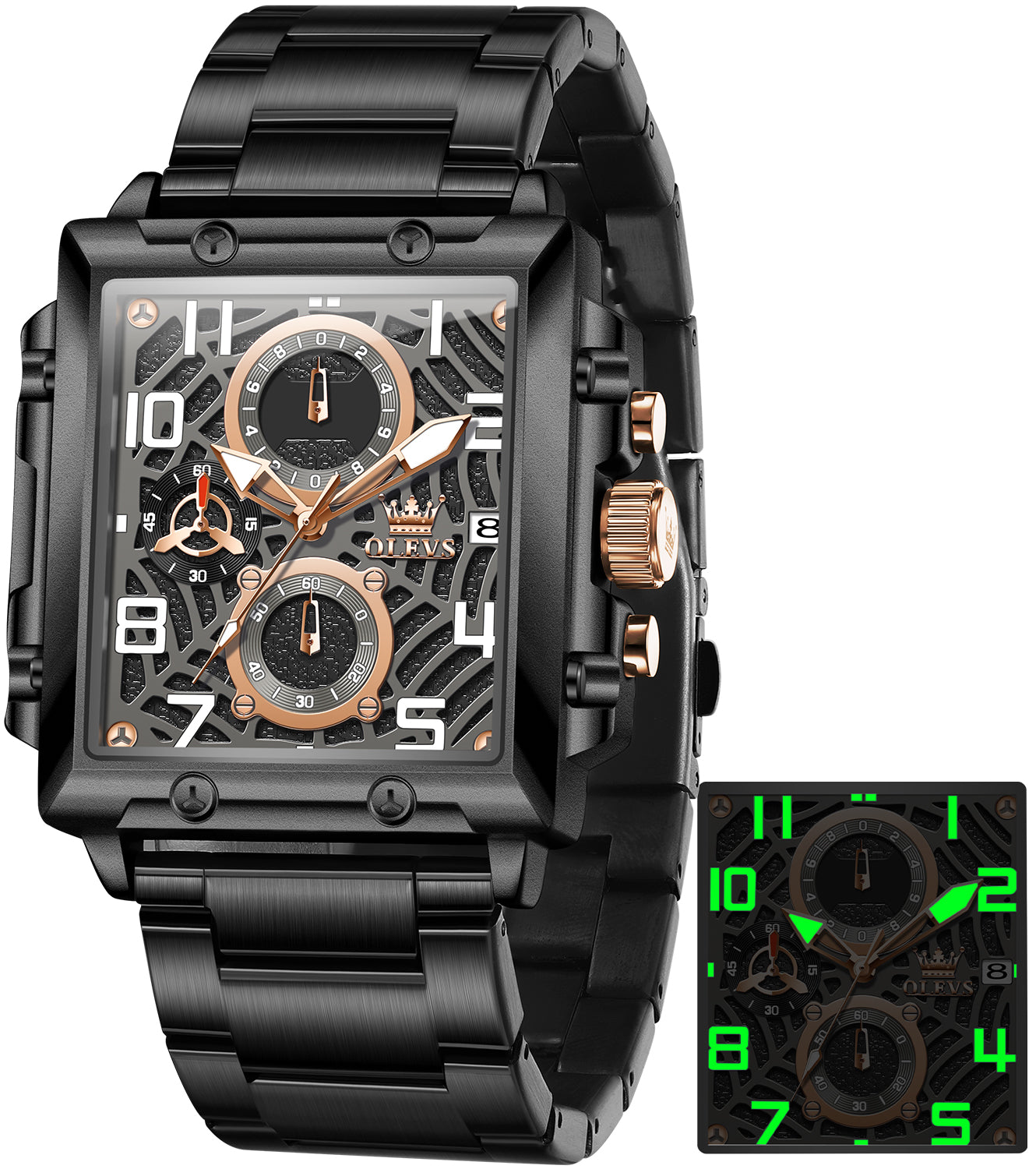 OLEVS 2958 Watches for Men Business Dress Chronograph Analog Quartz Square Dial Stainless Steel Waterproof Luminous Date Fashion Mens Wrist Watches Reloj Para Hombre