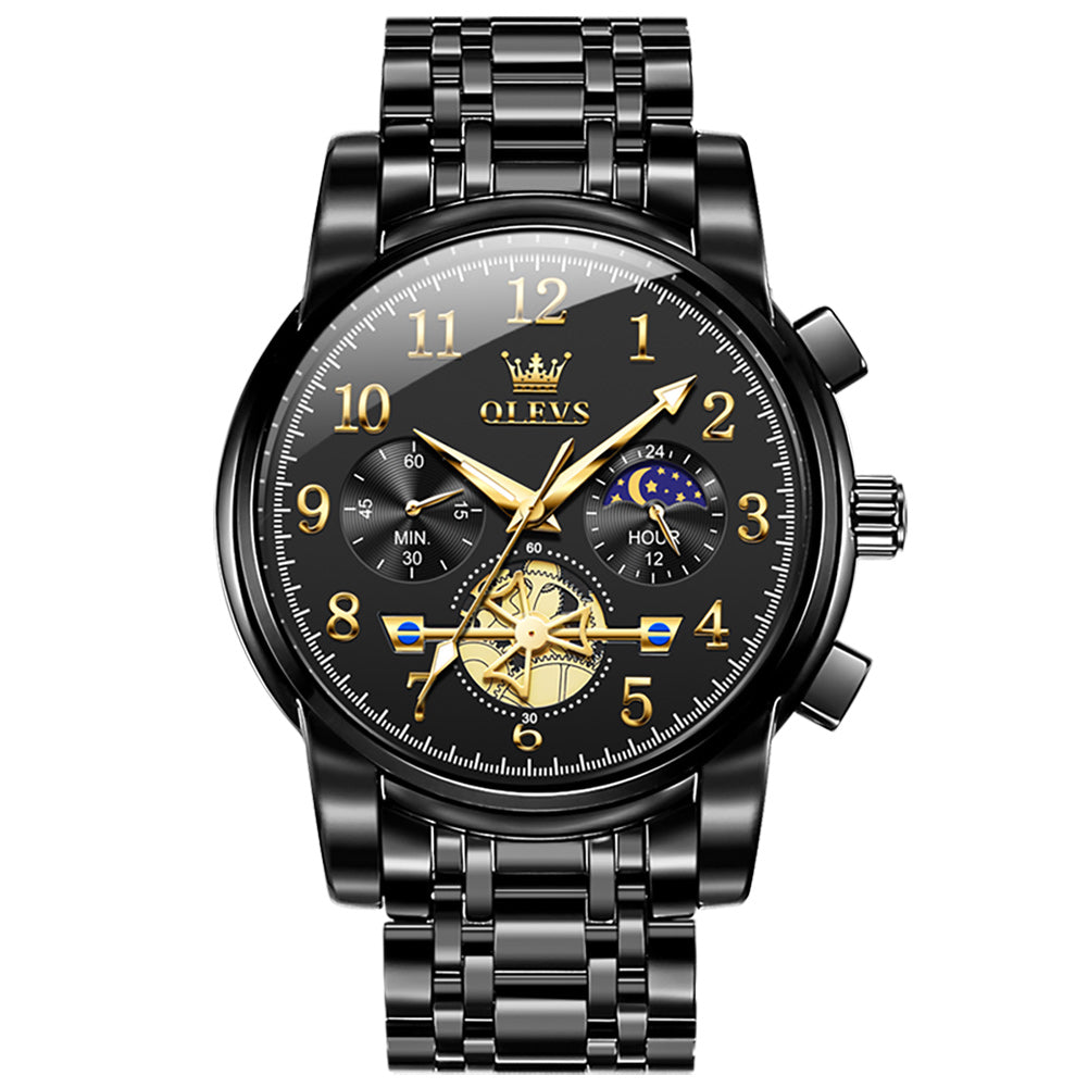 OLEVS 2900 Men's Quartz Watch with Numerals, 24-Hour and Moon Phase Sub-Dials, Chronograph, Perfect Gift