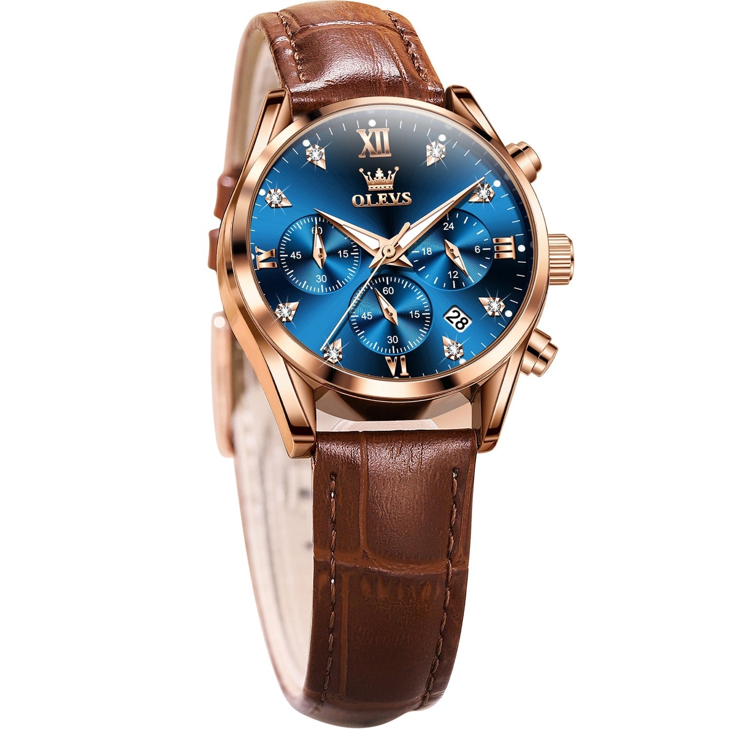 OLEVS 5523 Womens Watches Brown Rose Gold Chronograph Casual Dress Waterproof Ladies Wrist Watch