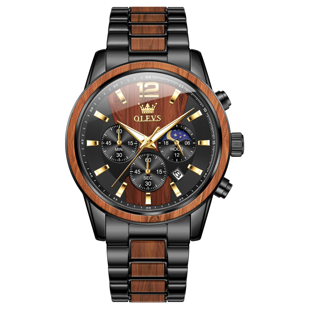 OLEVS 3645 Men’s Authentic Wooden Watch, Red Ebony Wood Grain Stainless Steel Case, Night Light Water-Resistant, High-End Luxury Dress Watch, Comes with a Strap