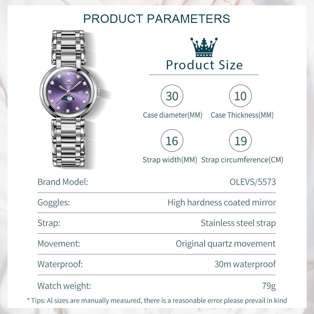 OLEVS 5573 Women's Quartz Watch with Arabic numerals and Diamond Dial Design, Blue Hands, Date Display, 3ATM Water Resistance