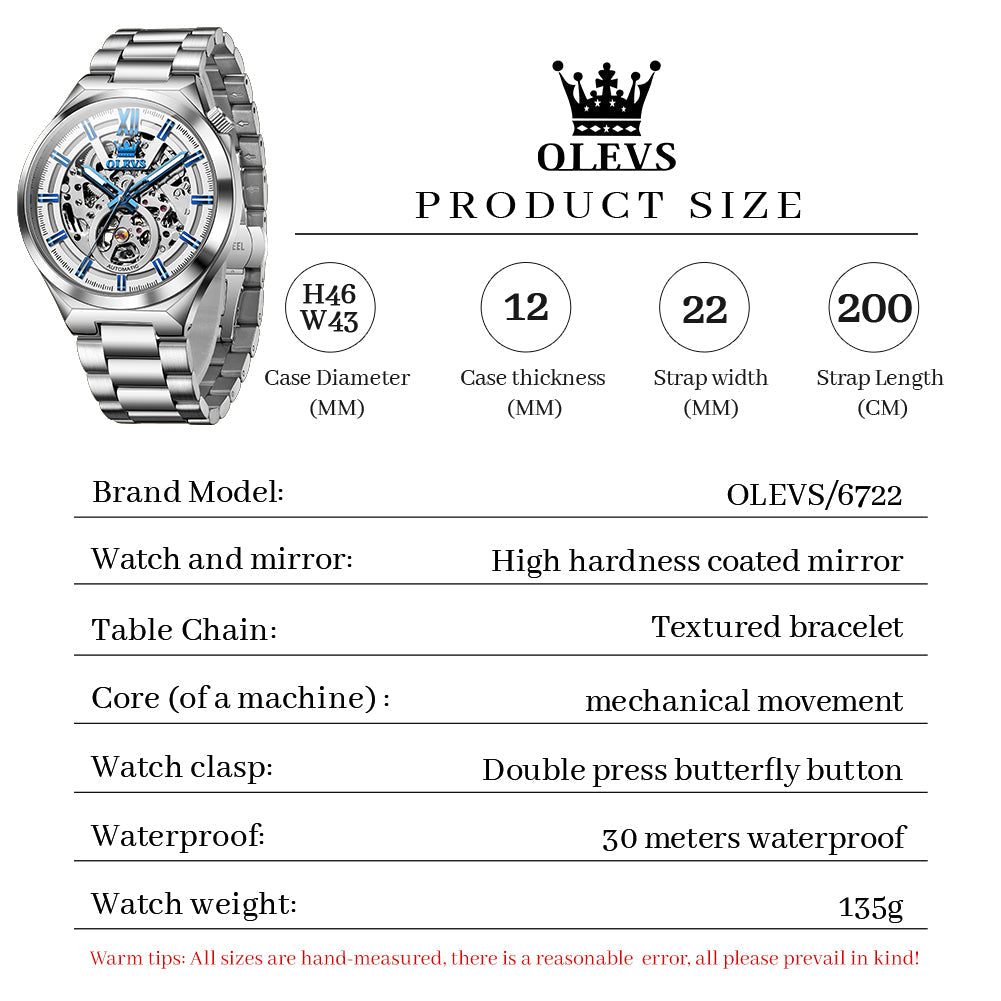 OLEVS 6722 Skeleton Watches for Men Luxury Dress Automatic Self Winding Mechanical Gold Plated Stainless Steel Waterproof Luminous Business Men Wrist Watch Reloj Para Hombre